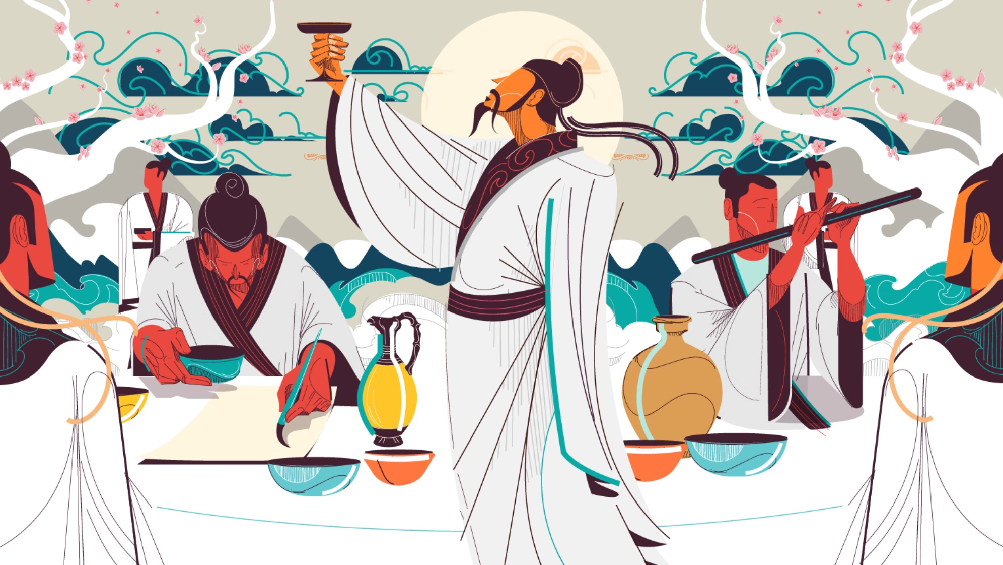 Illustration of a group celebrating with Baijiu in an outdoor setting.