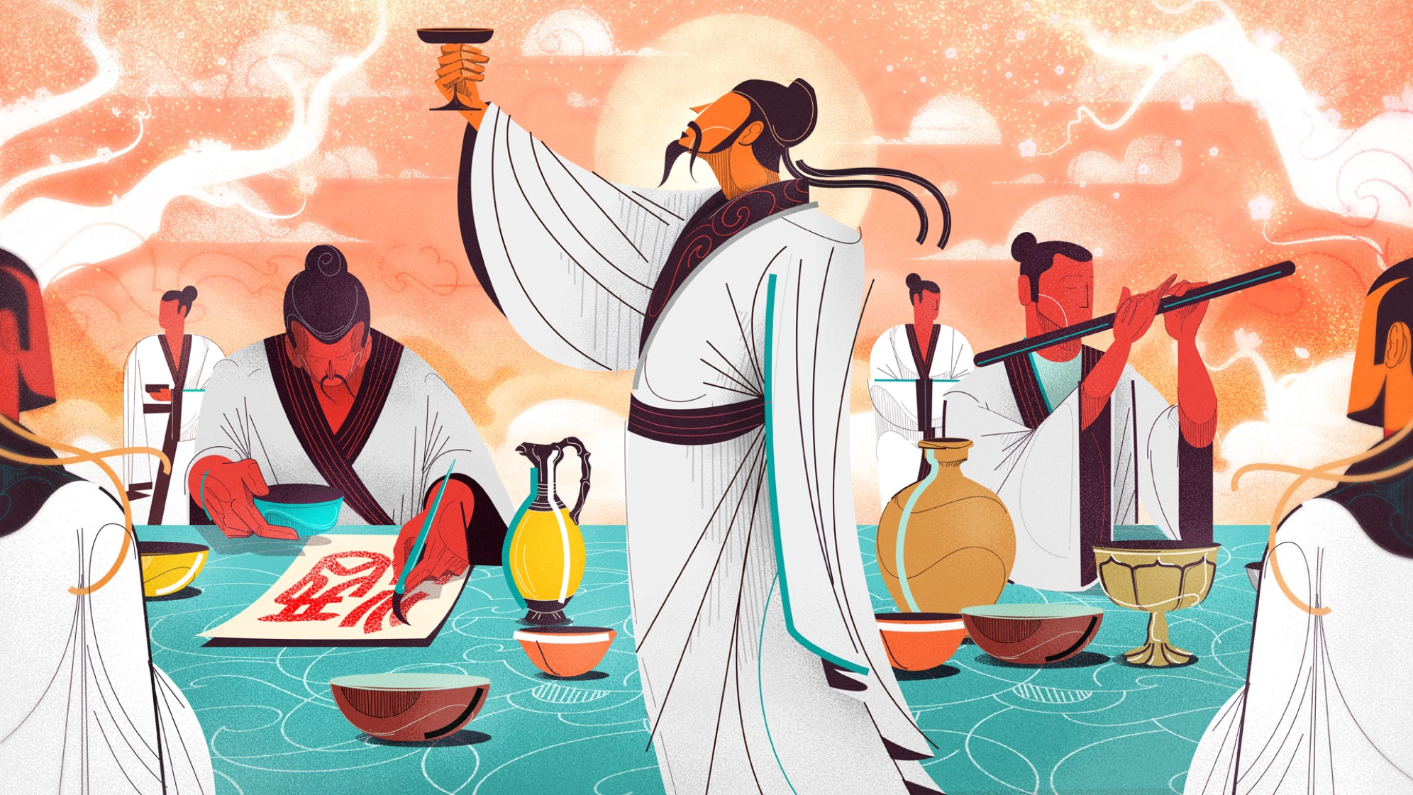 Illustration of a large Baijiu jar beside workers in a brewing environment.