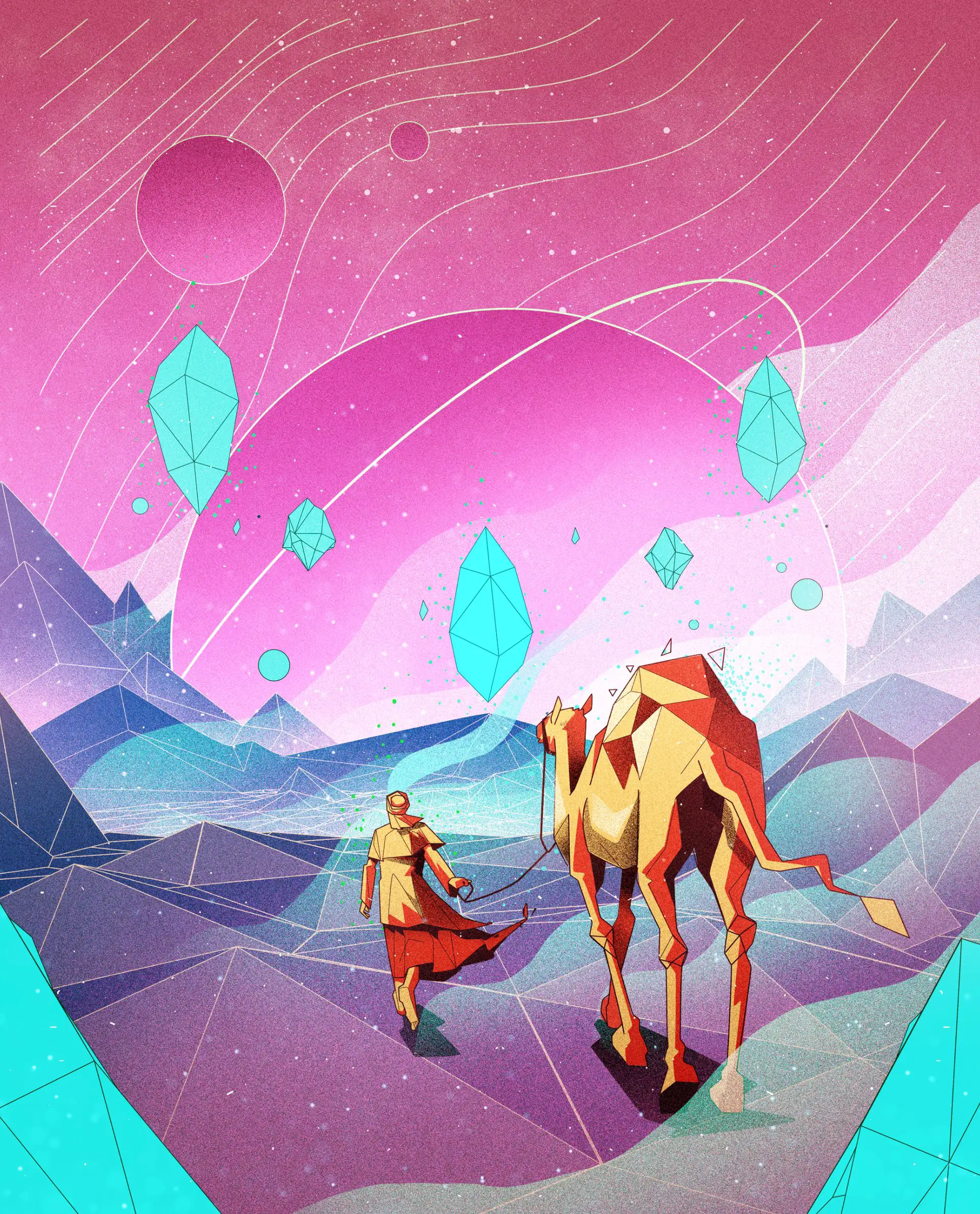 Nomadic figure walking with a camel across a geometric desert landscape, guided by celestial bodies and floating crystal forms that symbolize stars as navigational references.