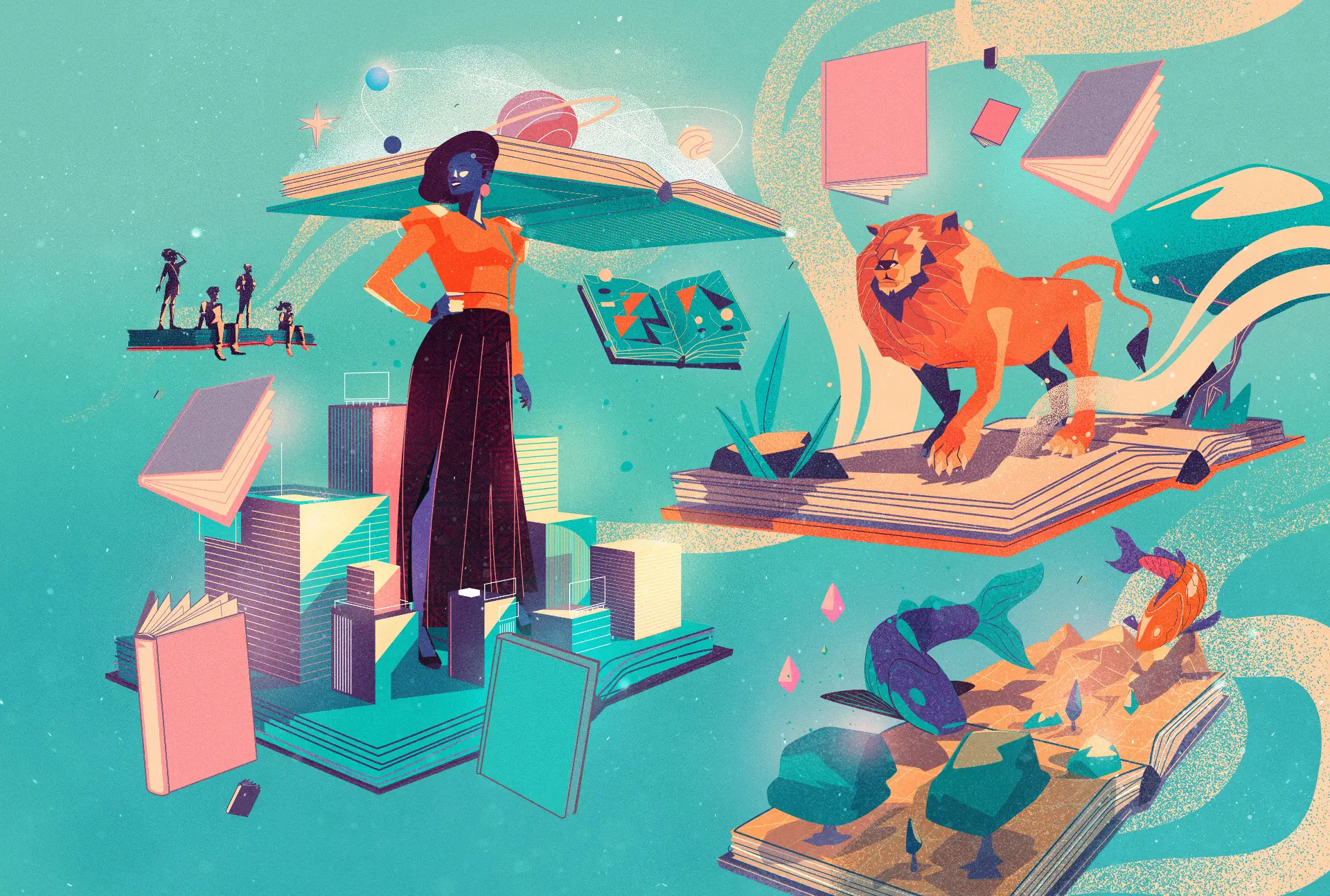 Illustration of a confident woman standing among floating books and skyscraper-like pages, with a lion and fish emerging from other open books in a surreal, colorful scene.