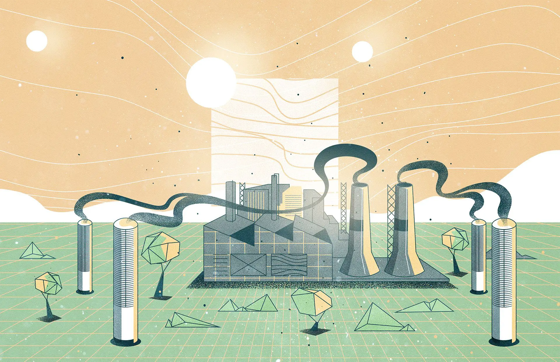 Stylized factory complex with smokestacks emitting dark smoke, surrounded by geometric trees and shapes under a beige sky with grid-patterned ground.