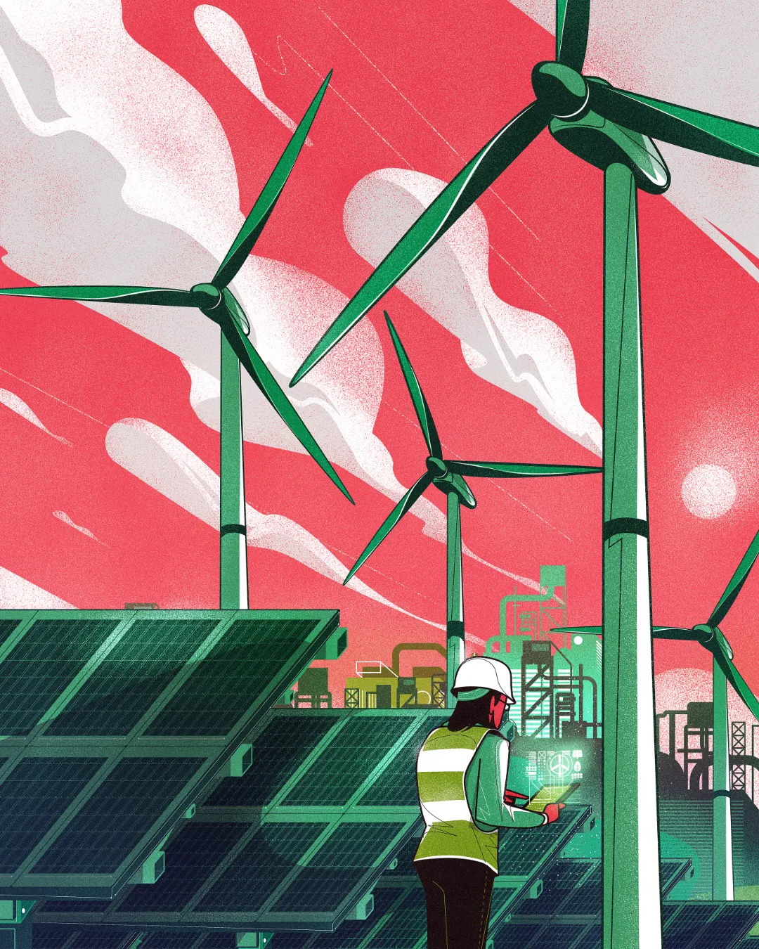 Science textbook cover illustration for Generation Alpha Grade 8, featuring wind turbines, solar panels, and a technician, representing renewable energy and sustainable technology
