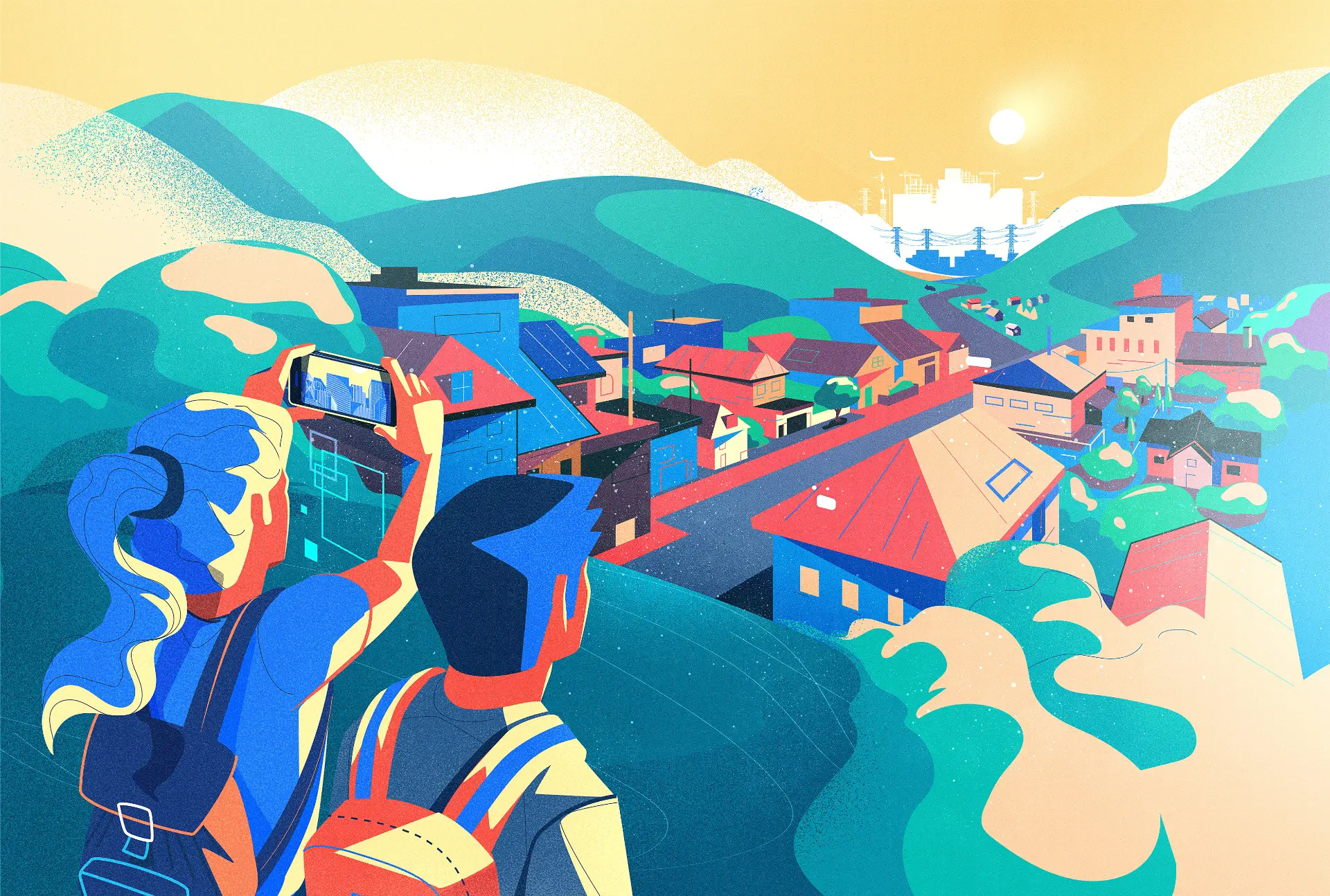 Illustration of two travelers with backpacks looking at and photographing a colorful village nestled in green hills under a yellow sky.