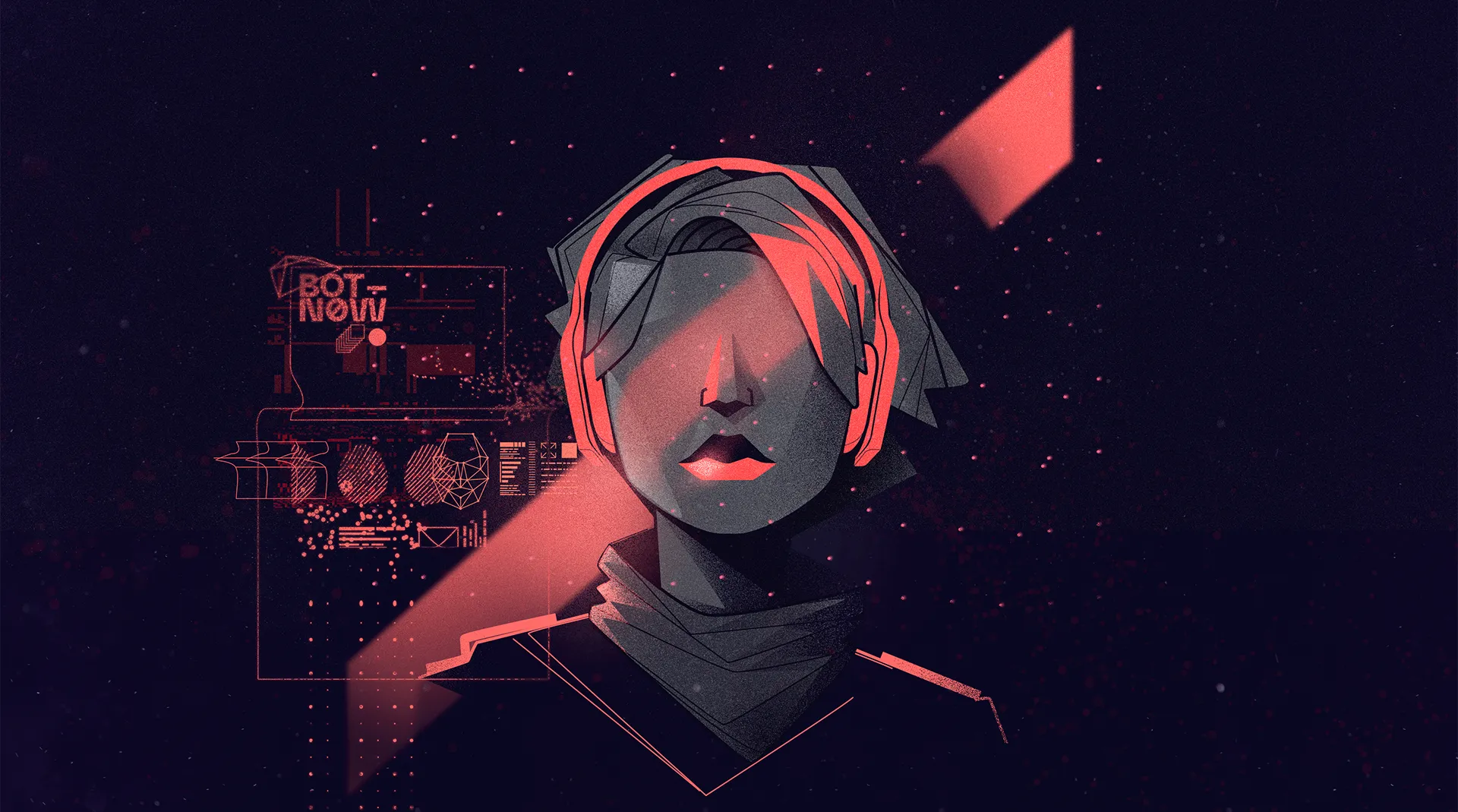 Conceptual illustration of a futuristic human figure with exposed spine and holographic interfaces, merging anatomy and technology