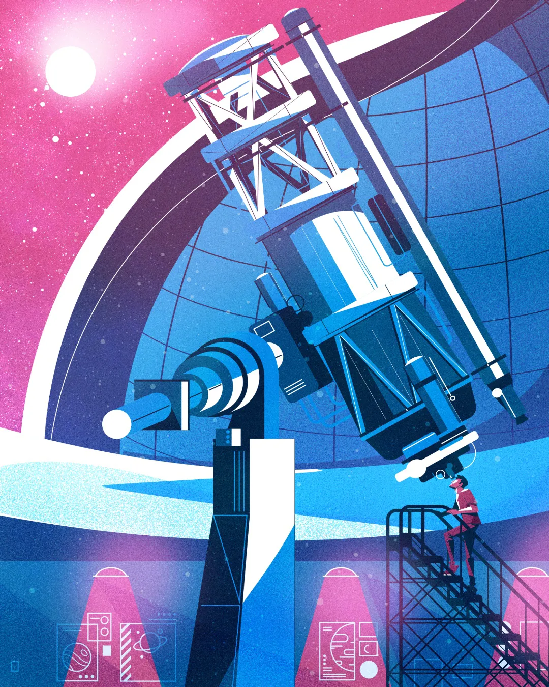Interior illustration for the Grade 9 mathematics textbook, depicting a large observatory telescope and a student exploring scientific space