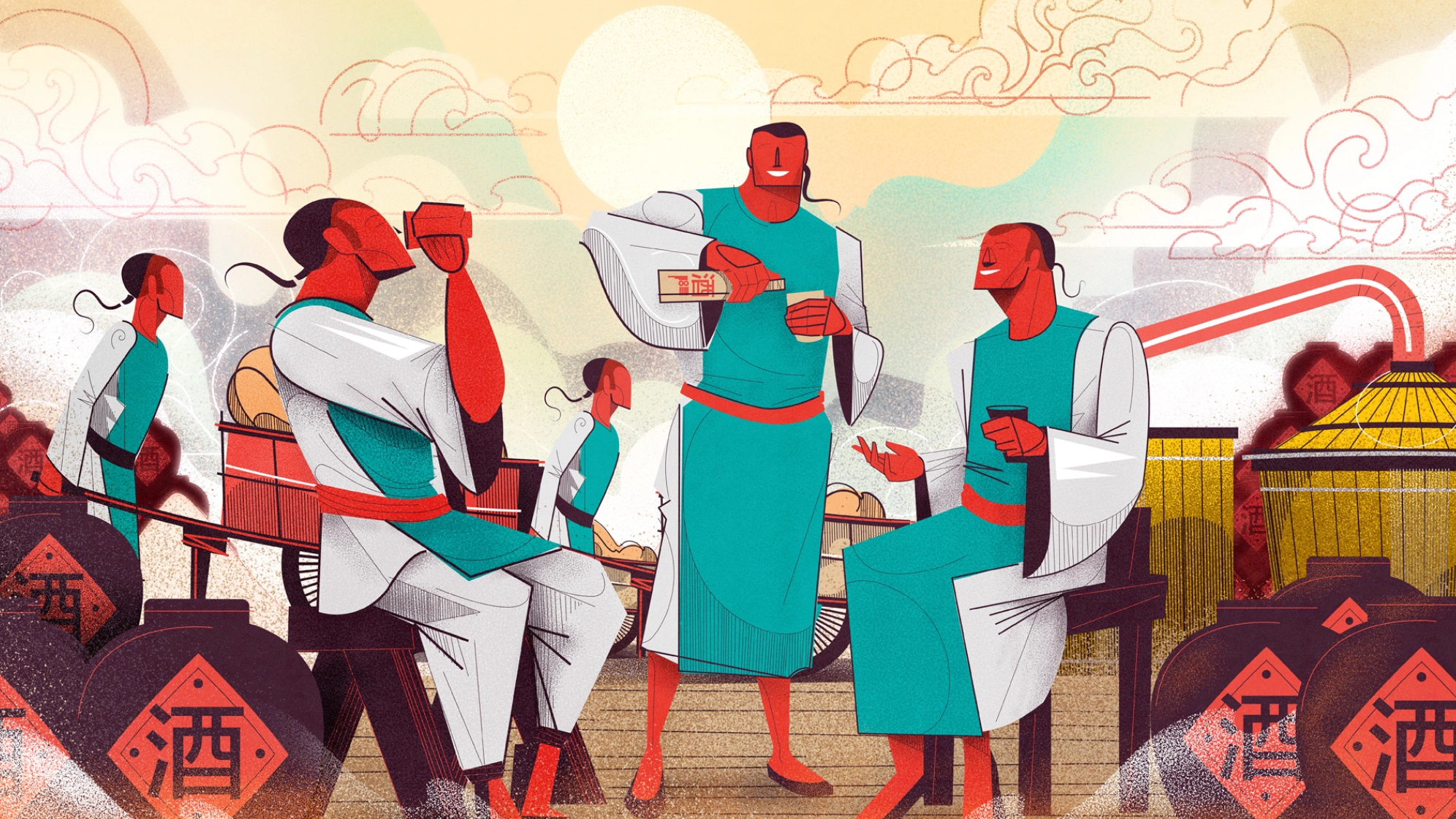 Illustration of several characters seated at a Baijiu table sharing drinks.