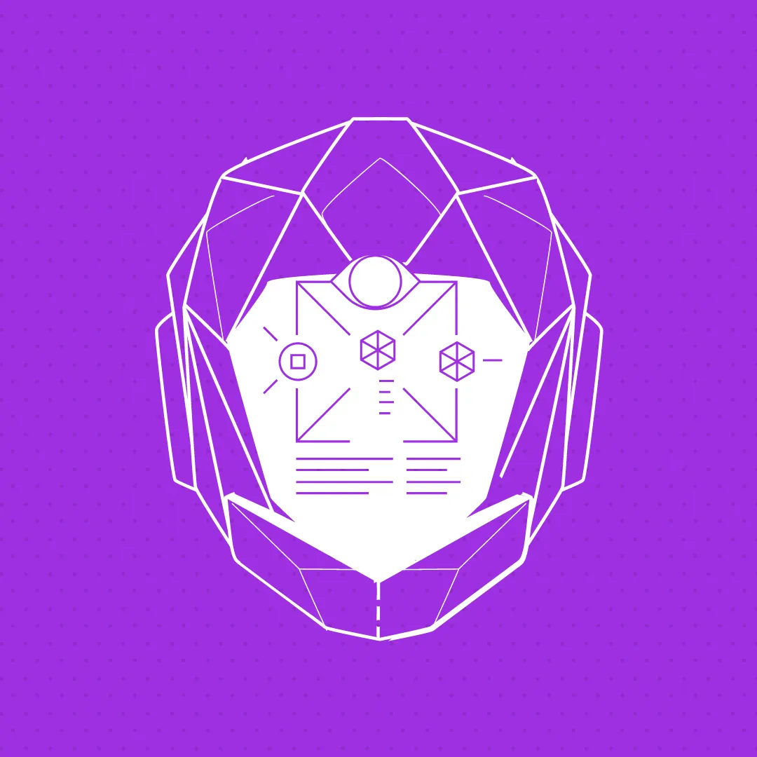 purple background with white line illustration of a futuristic helmet interface, geometric symbols, and schematic UI elements