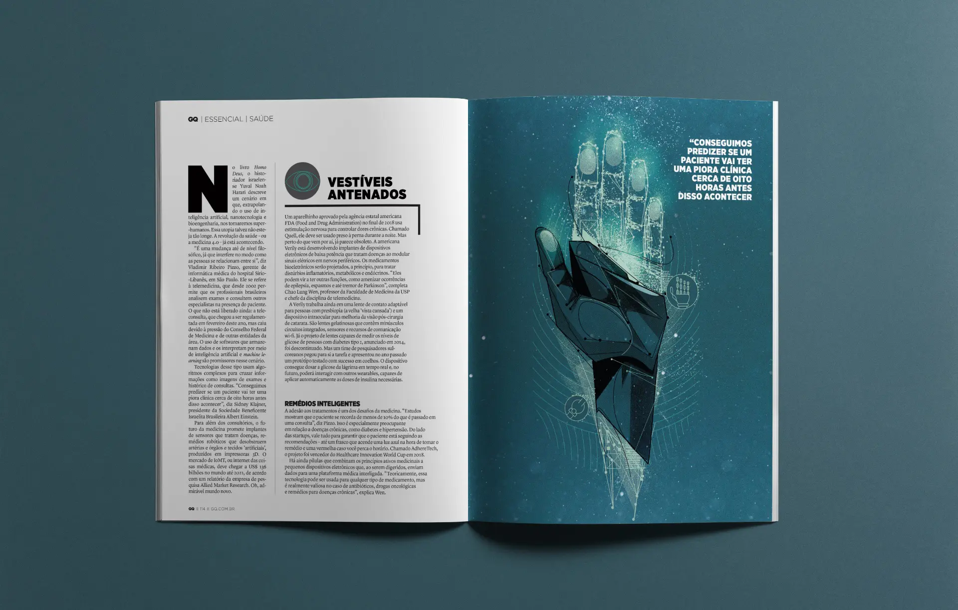 Double-page editorial spread from GQ magazine exploring wearable technology and predictive medicine through futuristic illustration and data visualization.