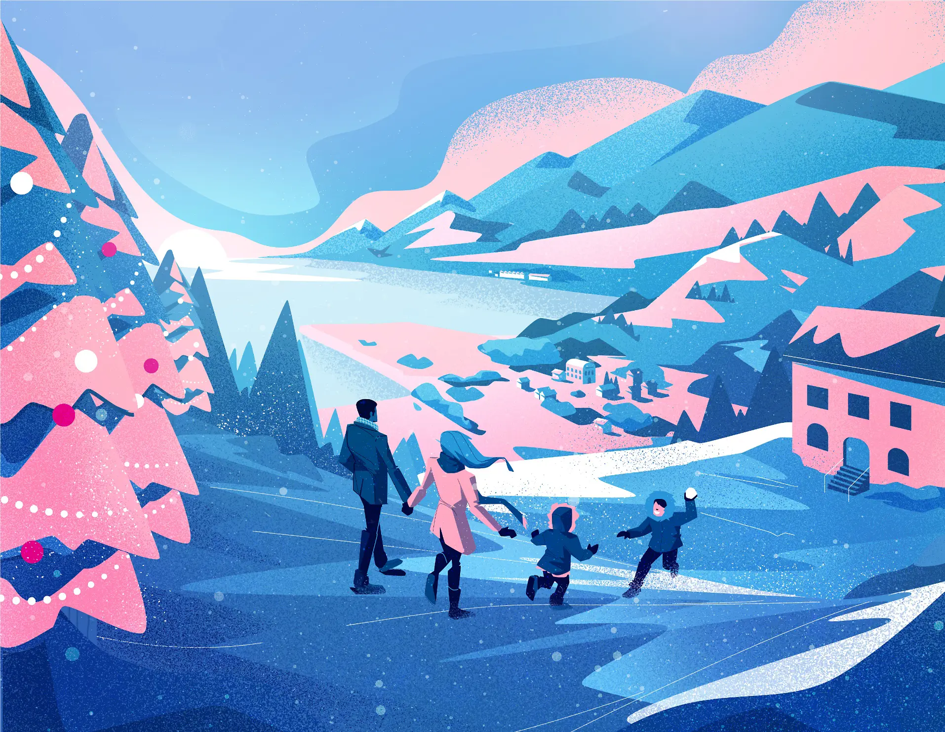 Illustration of a family of four walking on a snowy hillside with decorated trees, mountains, and a village in the background at sunset.