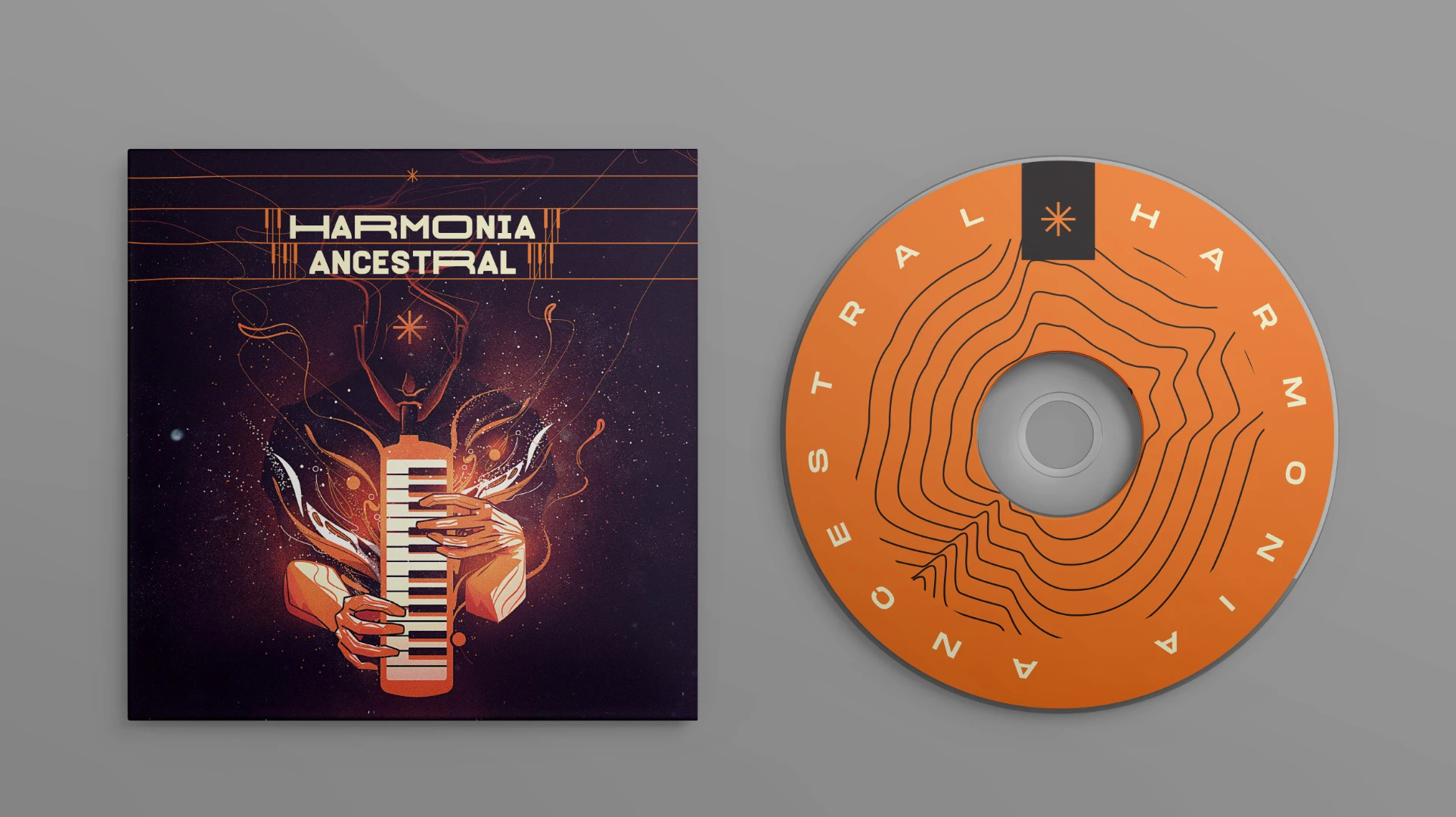 CD cover design for the album Ancestral Harmony, featuring abstract lines and ancestral symbolism inspired by reggae music.