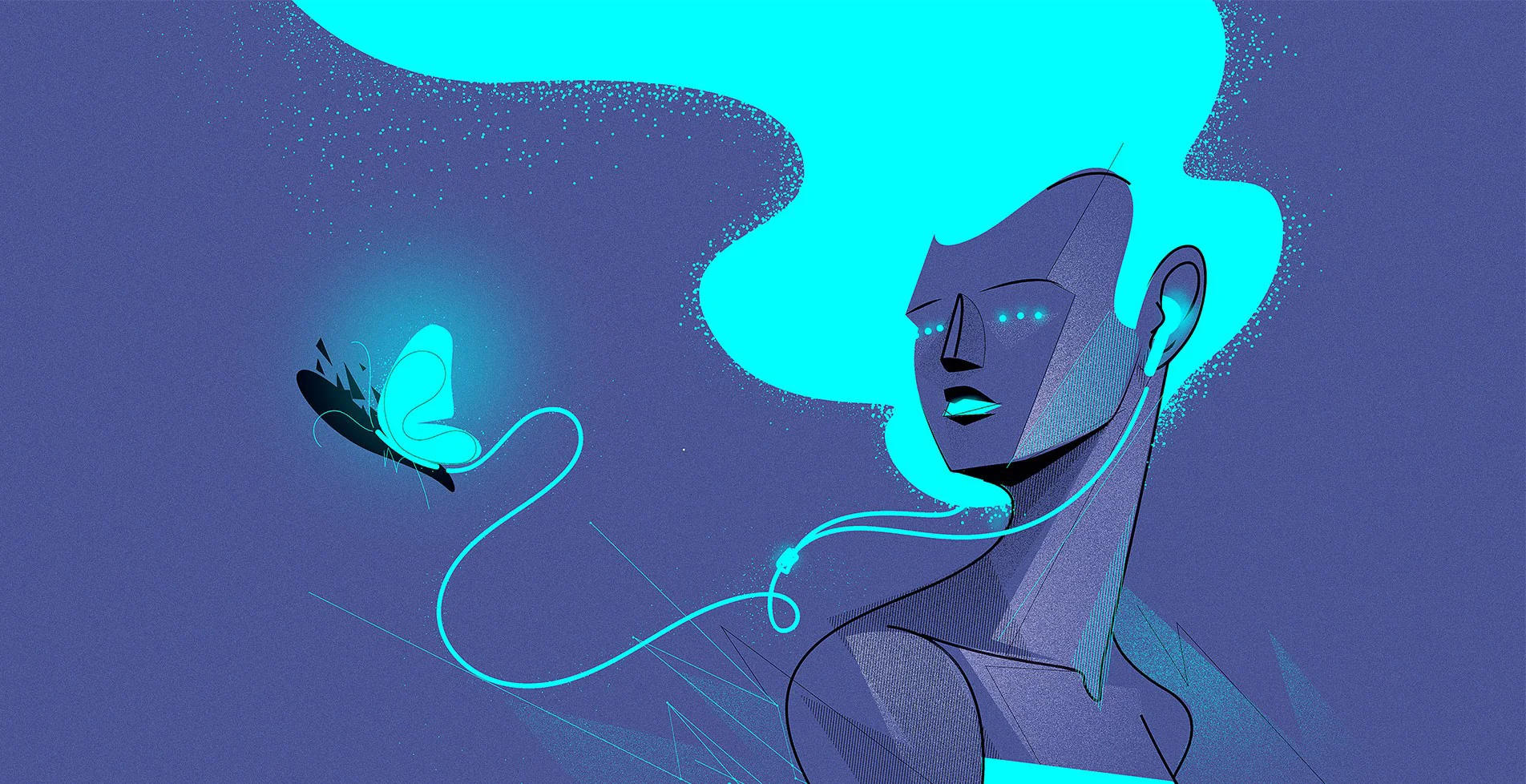 Stylized illustration of a futuristic human figure with glowing blue hair and eyes, connected to a floating butterfly by a luminous line, symbolizing intuition, technology, and sensitivity.