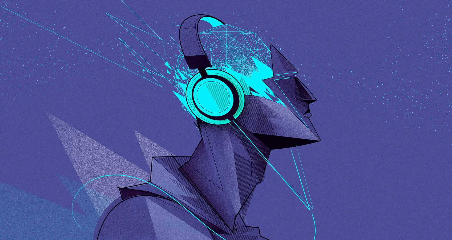 Abstract illustration of a human figure wearing headphones, composed of angular shapes and neon accents, symbolizing music, sound, and digital culture.