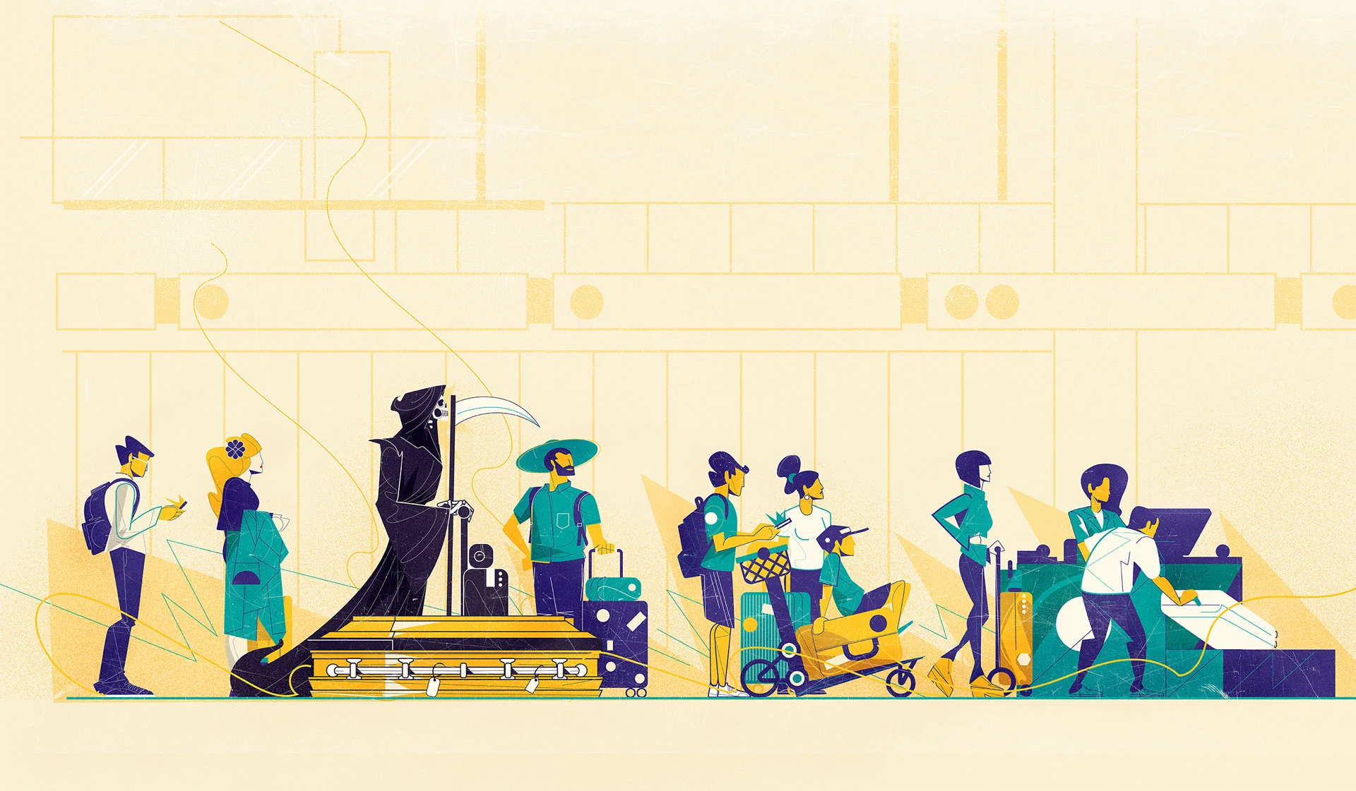 Conceptual illustration of people moving through a conveyor system led by a symbolic figure of death, representing automated processes and modern life