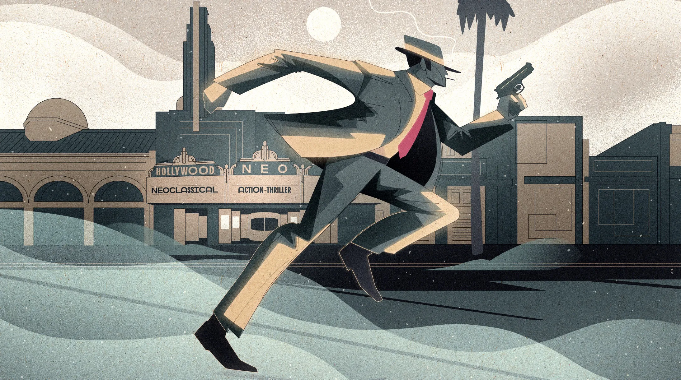 Stylized illustration of a man in a suit and hat running with a gun, set against a Hollywood theater backdrop labeled 'NEO' and 'Neoclassical Action-Thriller'.