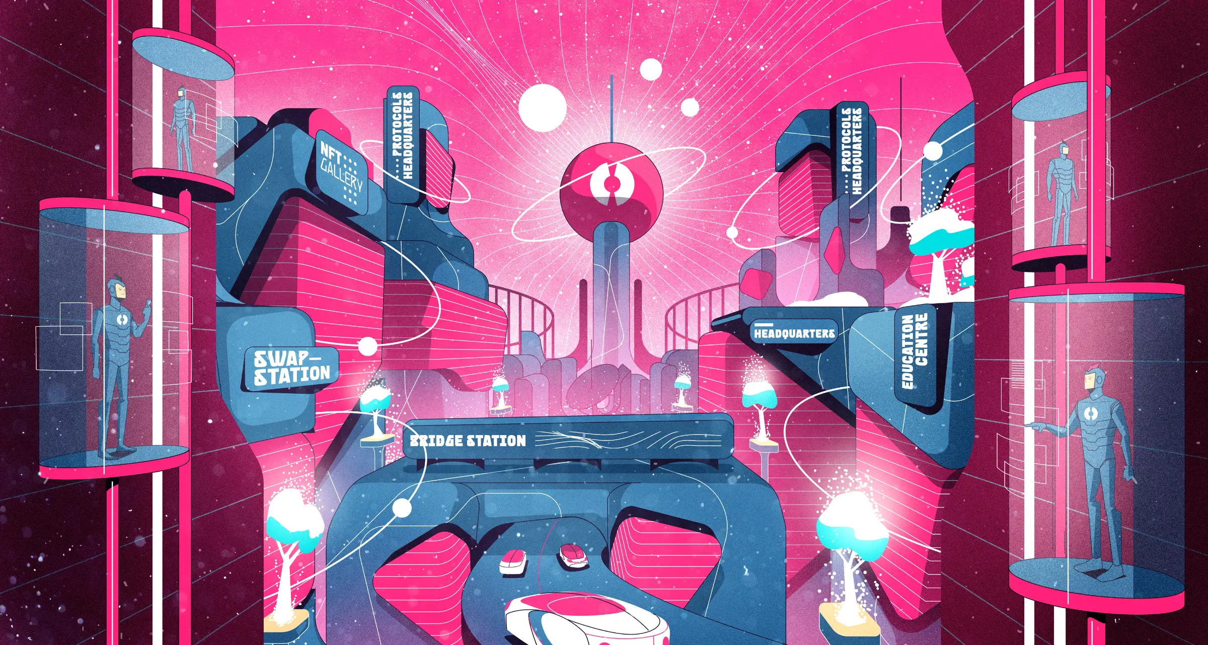 Futuristic cityscape with tall pink and blue buildings labeled with NFT Gallery, Protocols Headquarters, Swap Station, Bridge Station, Headquarters, and Education Centre, with figures in glass pods and a bright pink sky.