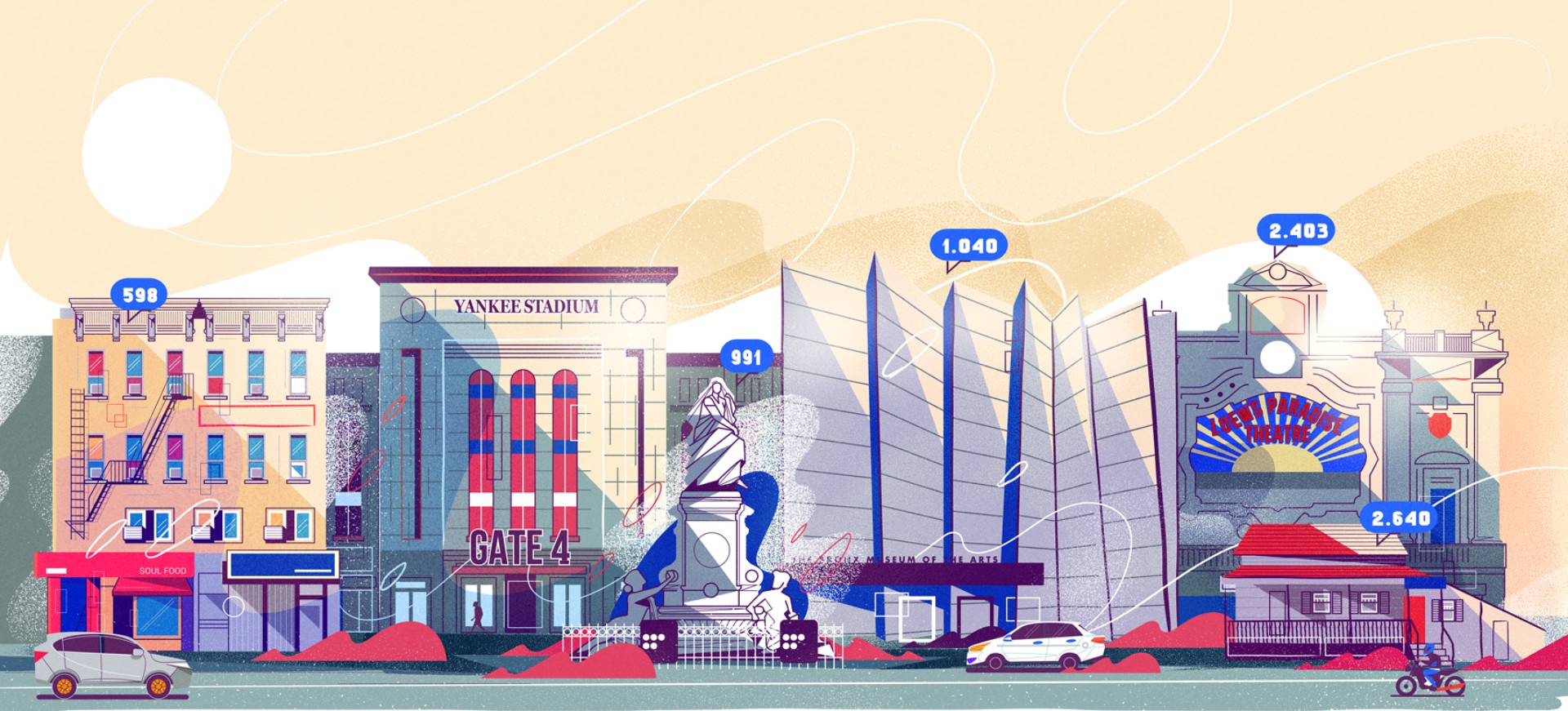 Illustrated urban landscape inspired by New York City, featuring buildings, a stadium, monuments, and street life arranged in a horizontal composition.