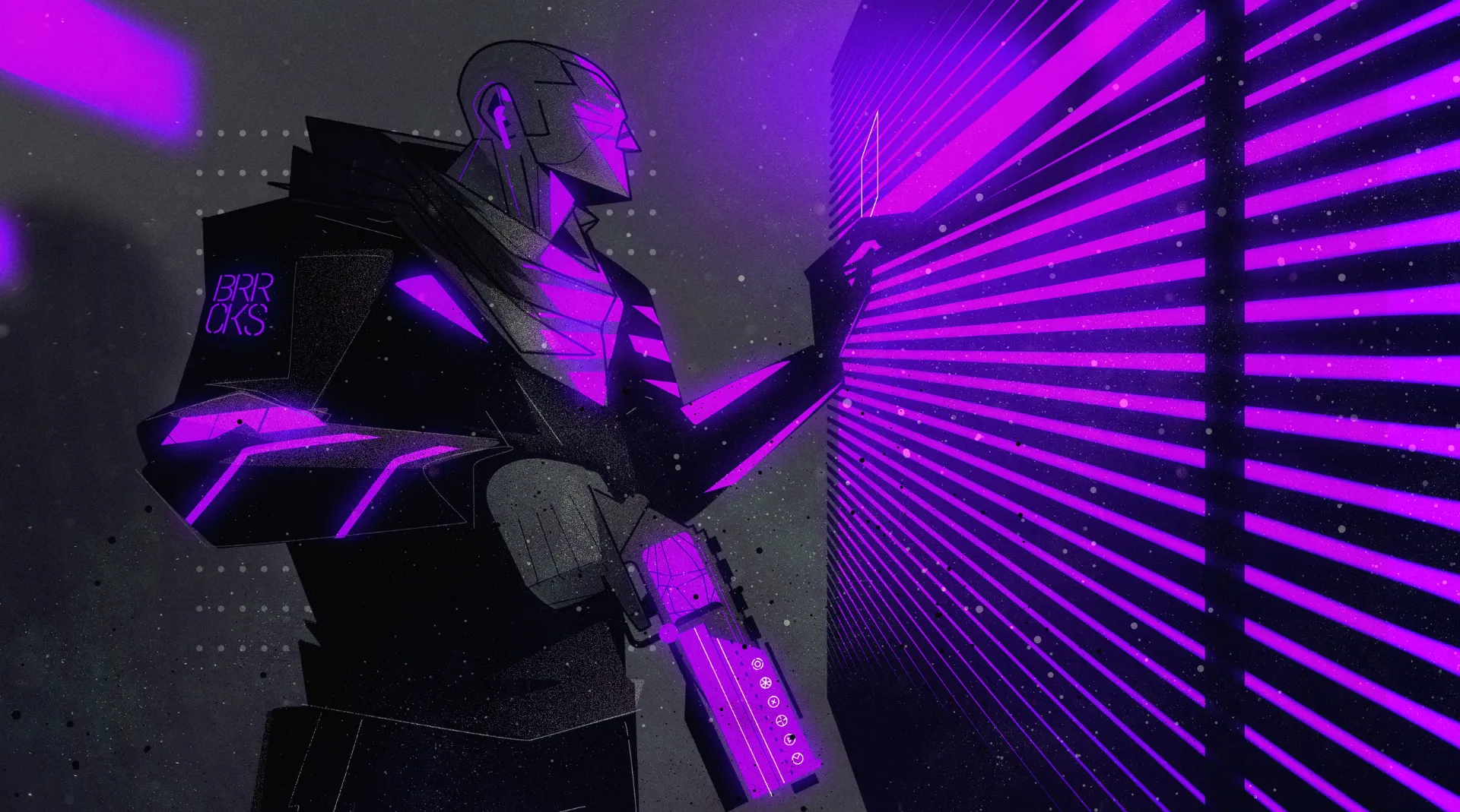 Stylized illustration of a futuristic figure interacting with a glowing wall of horizontal purple light lines in a dark cyber environment