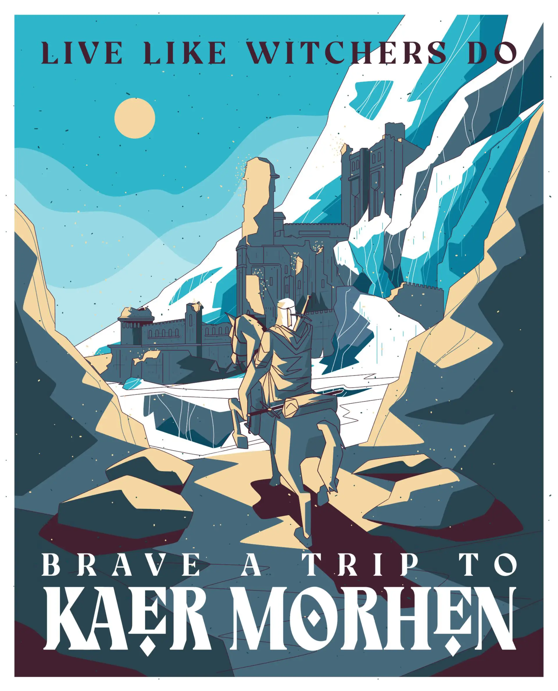 Cinematic illustration inspired by The Witcher featuring Kaer Morhen and epic fantasy scenery.