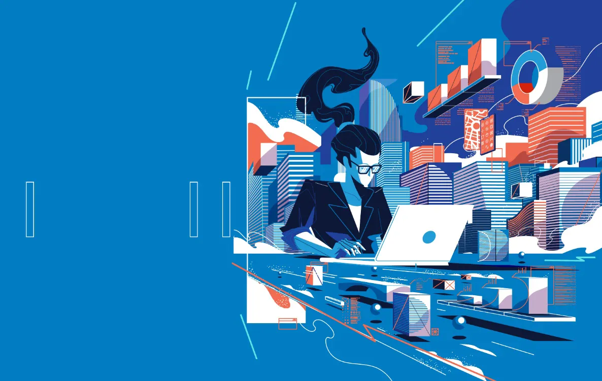 Stylized illustration of a modern enterprise workspace with a professional analyzing data on a laptop, surrounded by dashboards, graphs, and smart city elements.