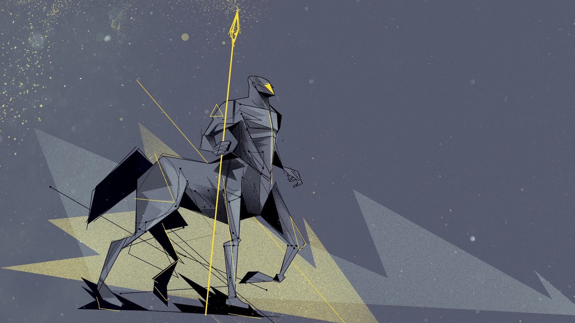 llustration of a centaur holding a spear while walking across a minimal, futuristic environment.