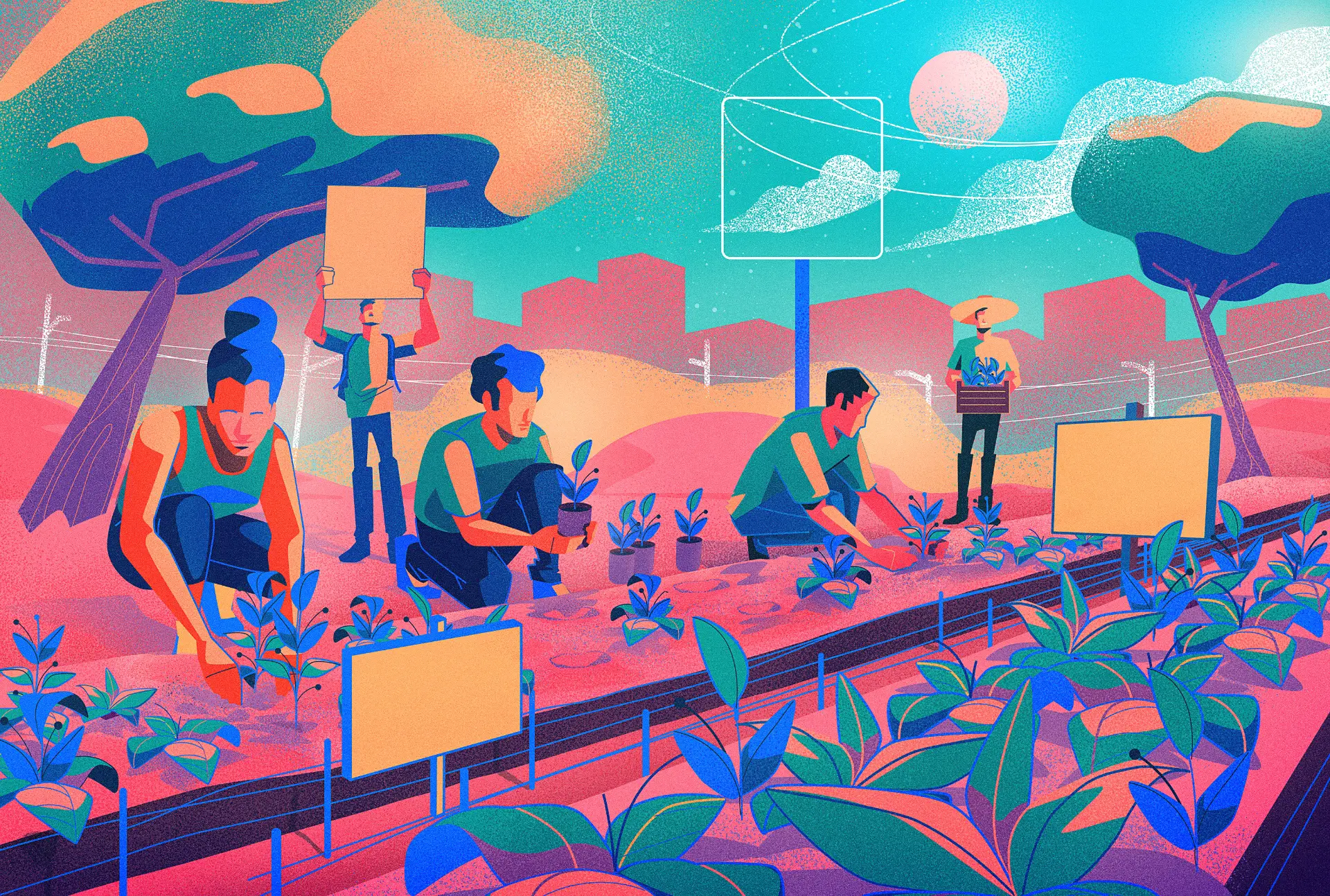 Illustration of four people planting and tending young plants in a garden with large trees and city buildings in the background.
