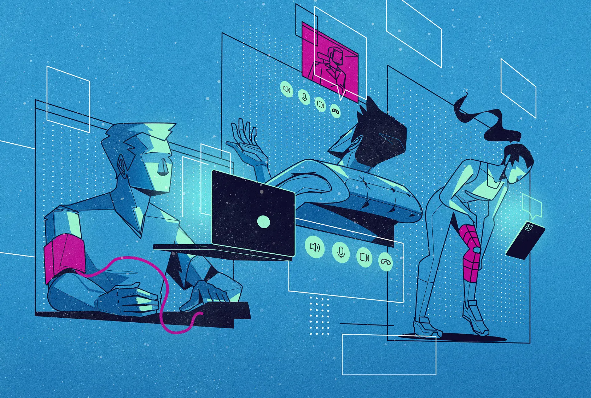 Abstract illustration of three people interacting with digital devices and virtual screens representing communication and technology.