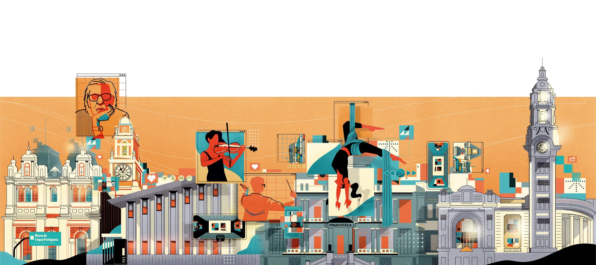 Illustration featuring historic buildings including Museu da Língua Portuguesa and Pinacoteca, with artistic elements of a violinist, conductor, aerial silk dancer, and geometric shapes on an orange background.