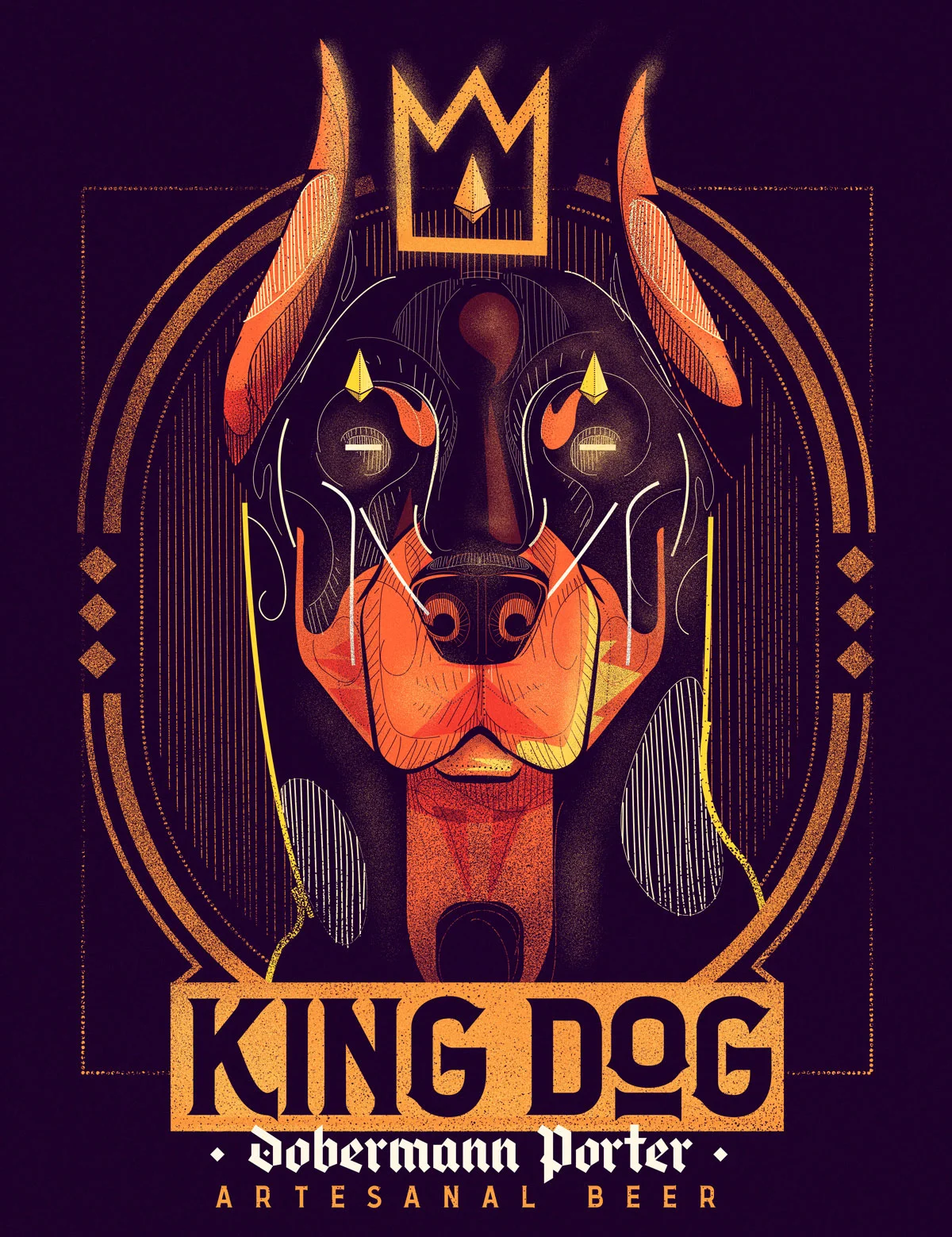 Detailed illustration of a Dobermann dog wearing a crown, used as a craft beer label for King Dog Dobermann Porter.