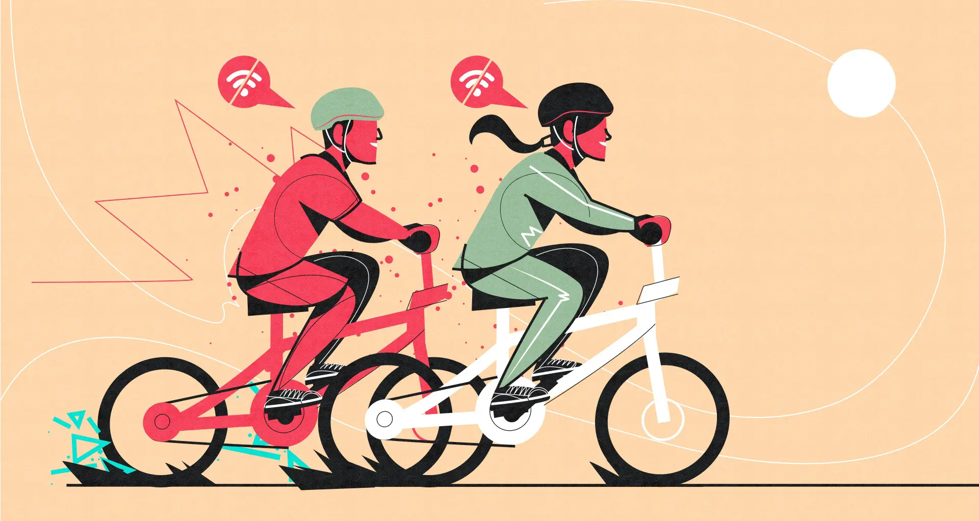 Two people riding bicycles with "no Wi-Fi" icons above their heads, representing a digital detox, outdoor exercise, and disconnecting to reconnect.