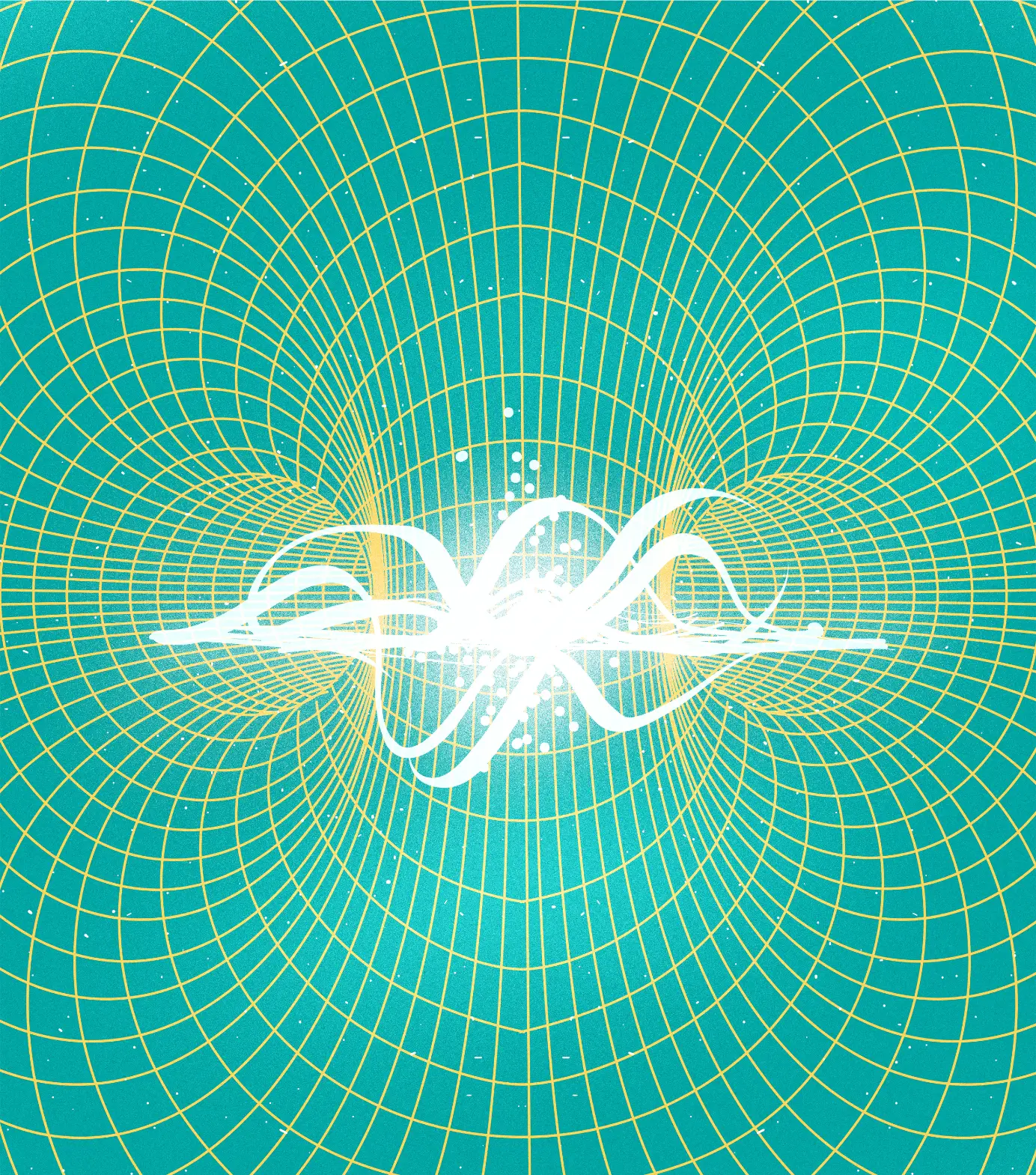 Abstract scientific illustration of nuclear fusion showing white waves and dots converging at the center against a teal background with a yellow grid pattern.