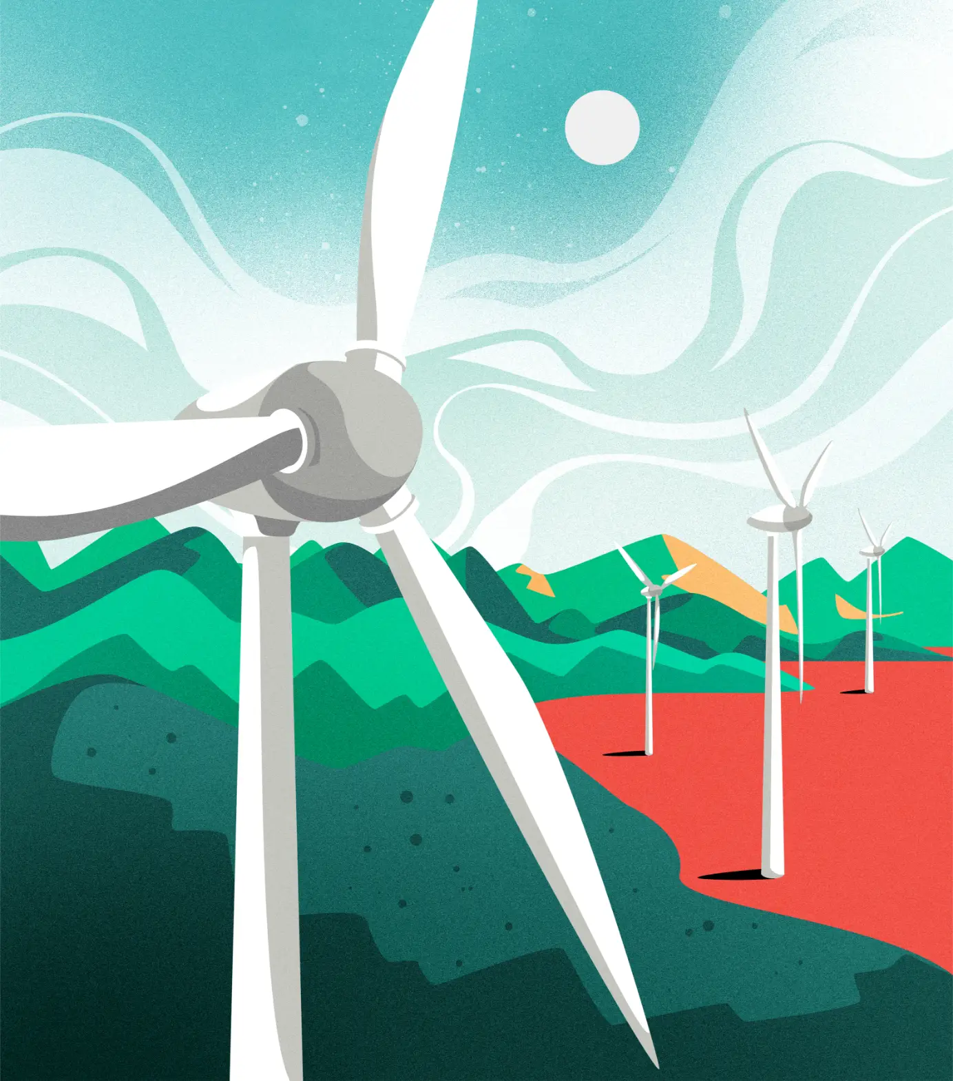 Illustration of wind turbines on a landscape with green and teal hills under a blue sky with swirling wind patterns and the sun.
