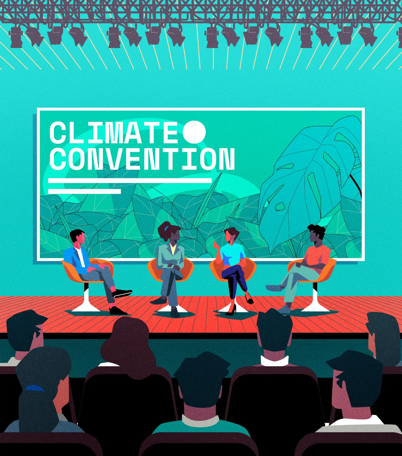 Panel discussion at a climate convention with four speakers on stage and an audience facing them.