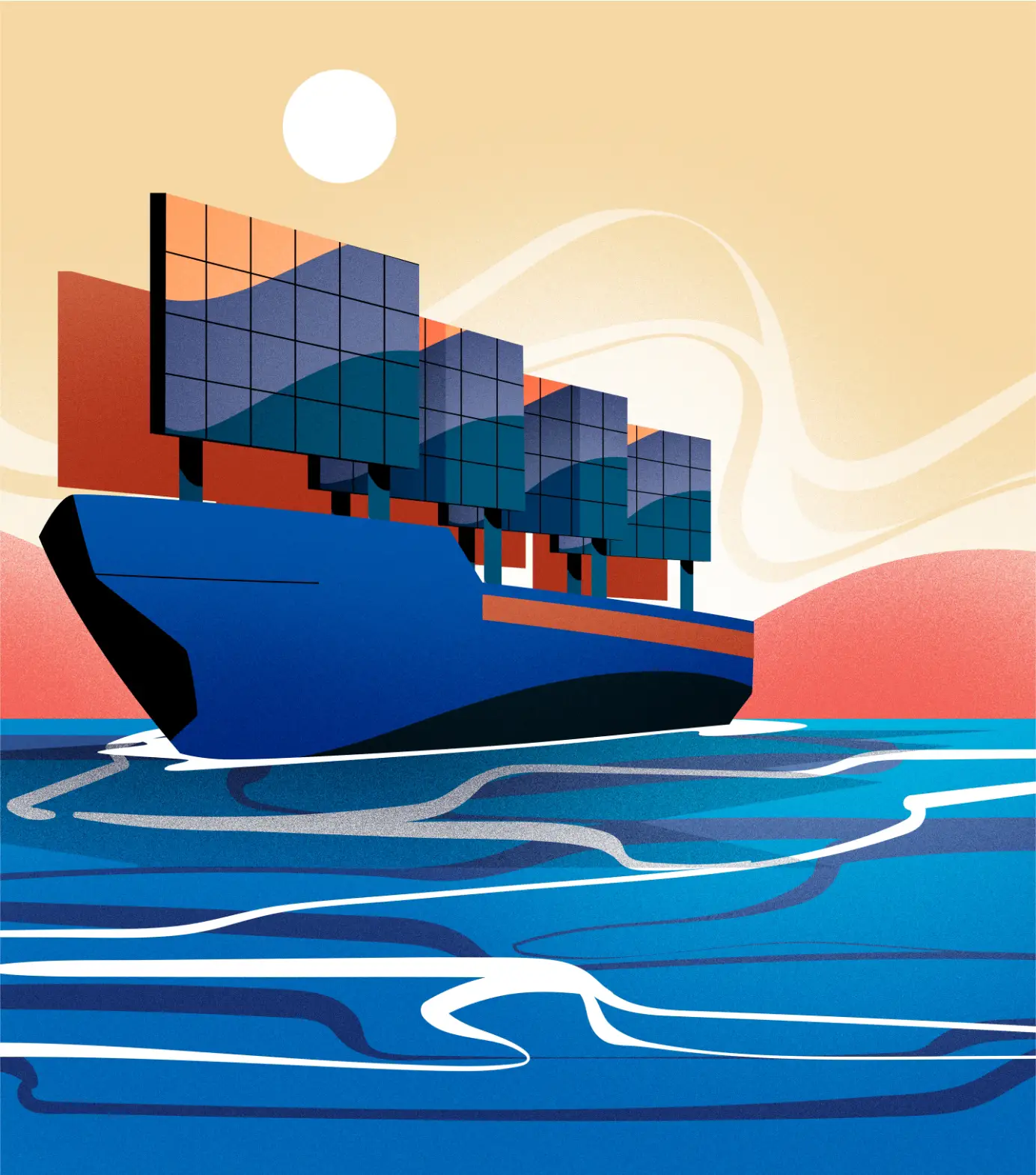 Illustration of a blue ship with four large solar panels sailing on blue water under a sunlit sky with orange and beige hues.
