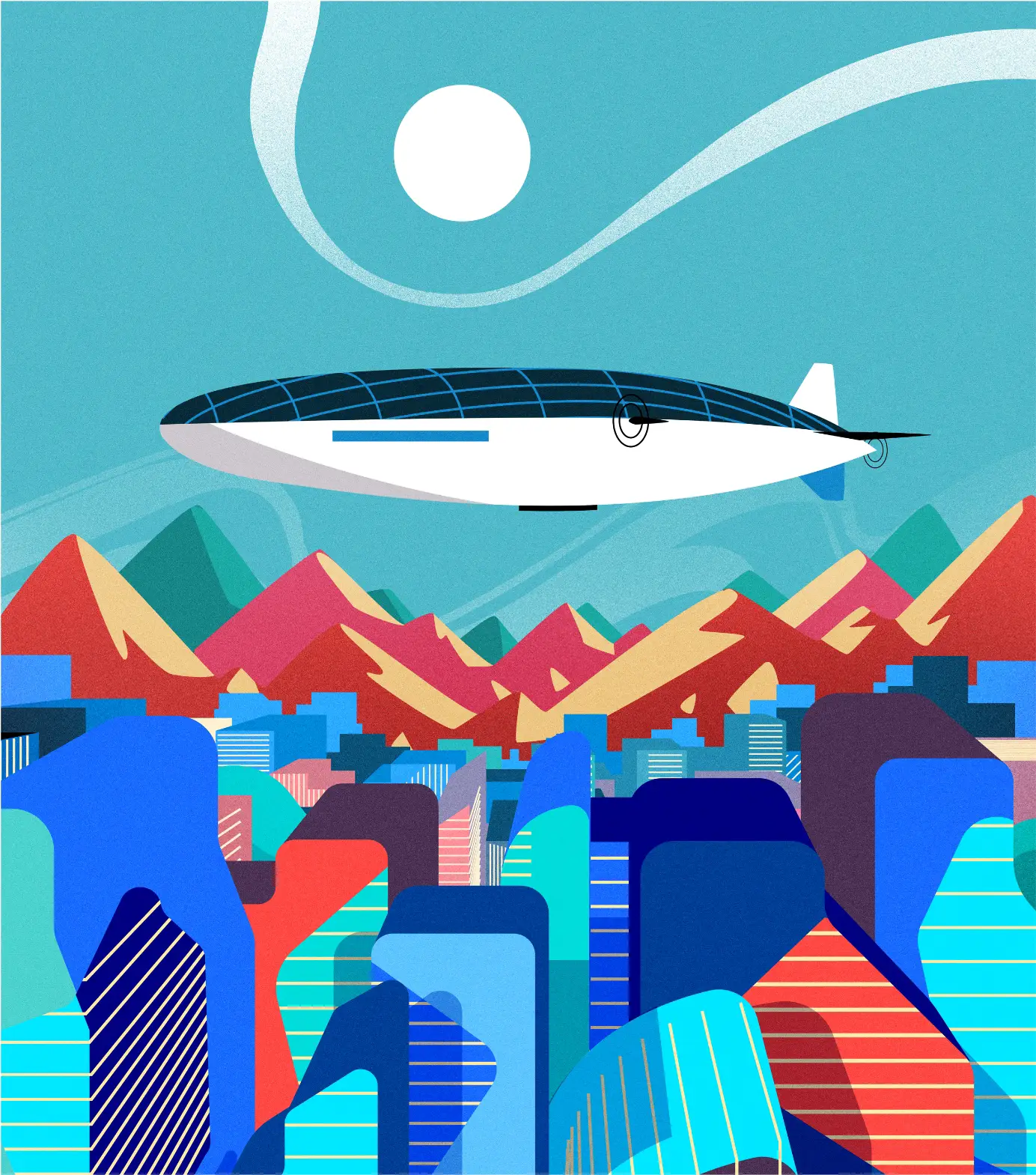 Illustration of a white blimp with black and blue windows flying over a colorful cityscape with tall buildings and red mountains under a bright sun.