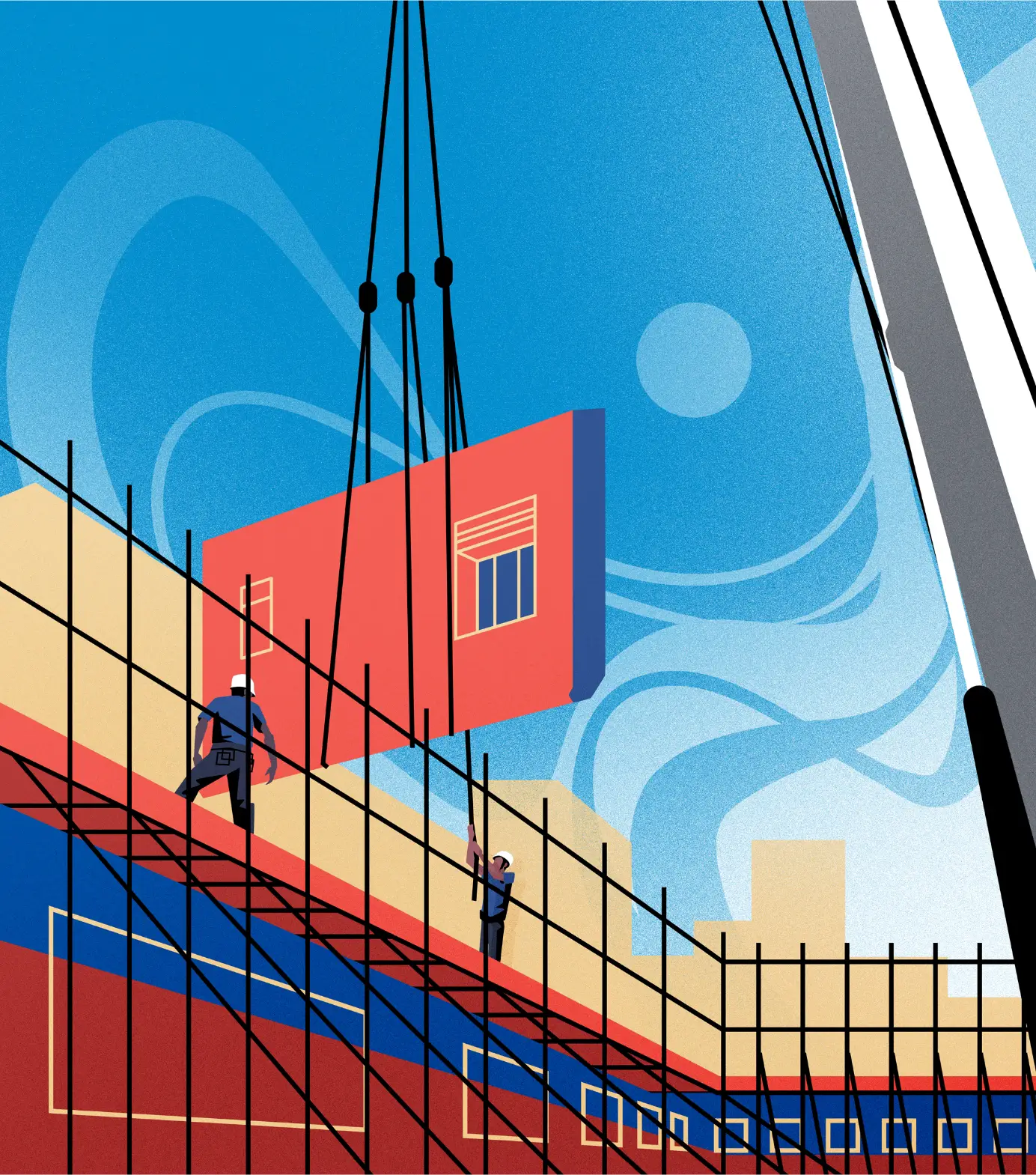 Illustration of construction workers installing a large red wall panel on a building under construction with scaffolding and a crane.