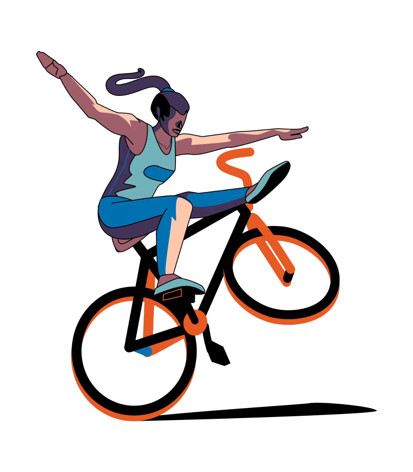 Illustration of a woman performing a stunt on a bicycle, balancing with arms outstretched and one leg extended forward.