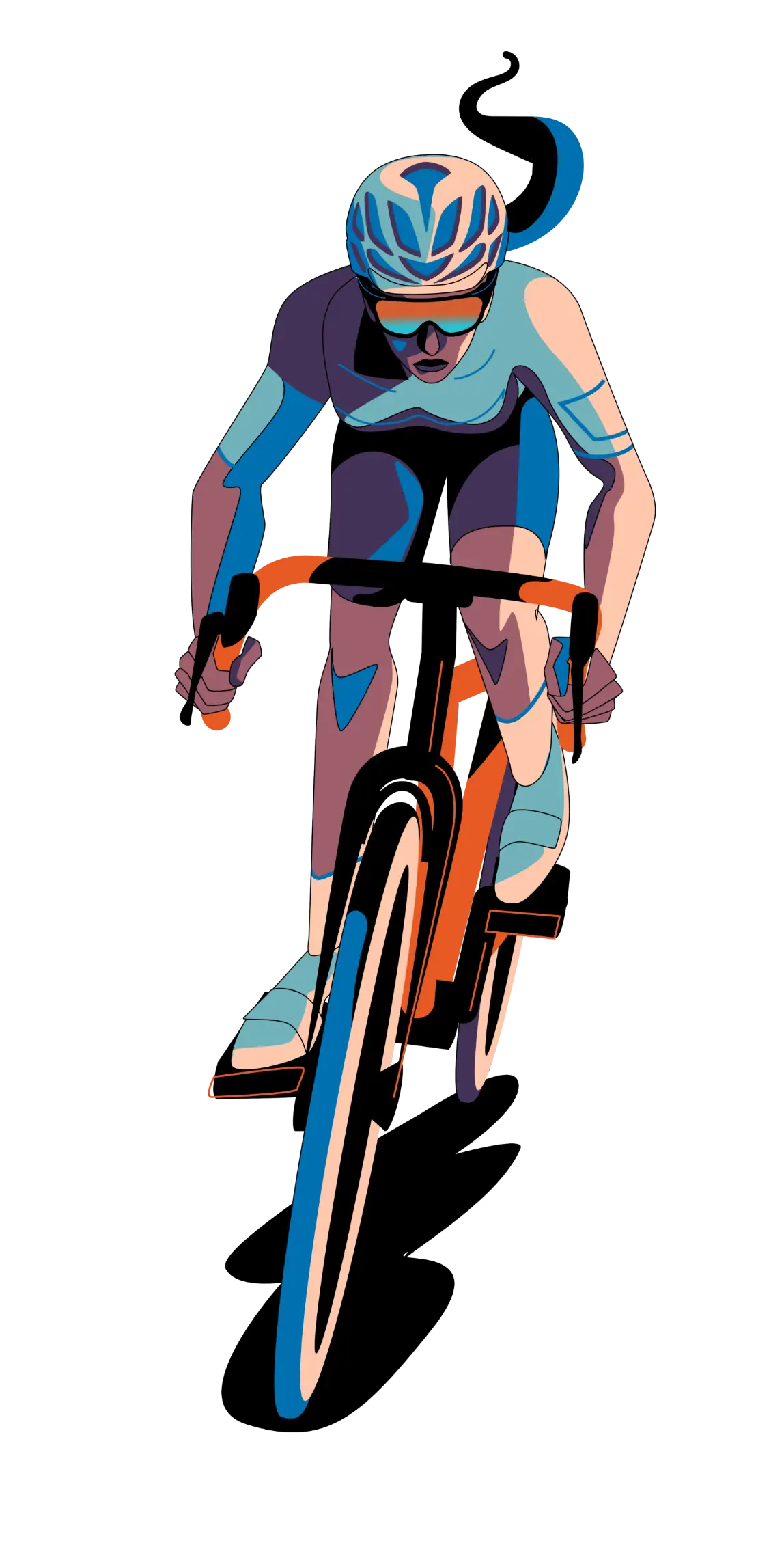 Illustration of a cyclist wearing a helmet and sunglasses riding a road bike from a front view.