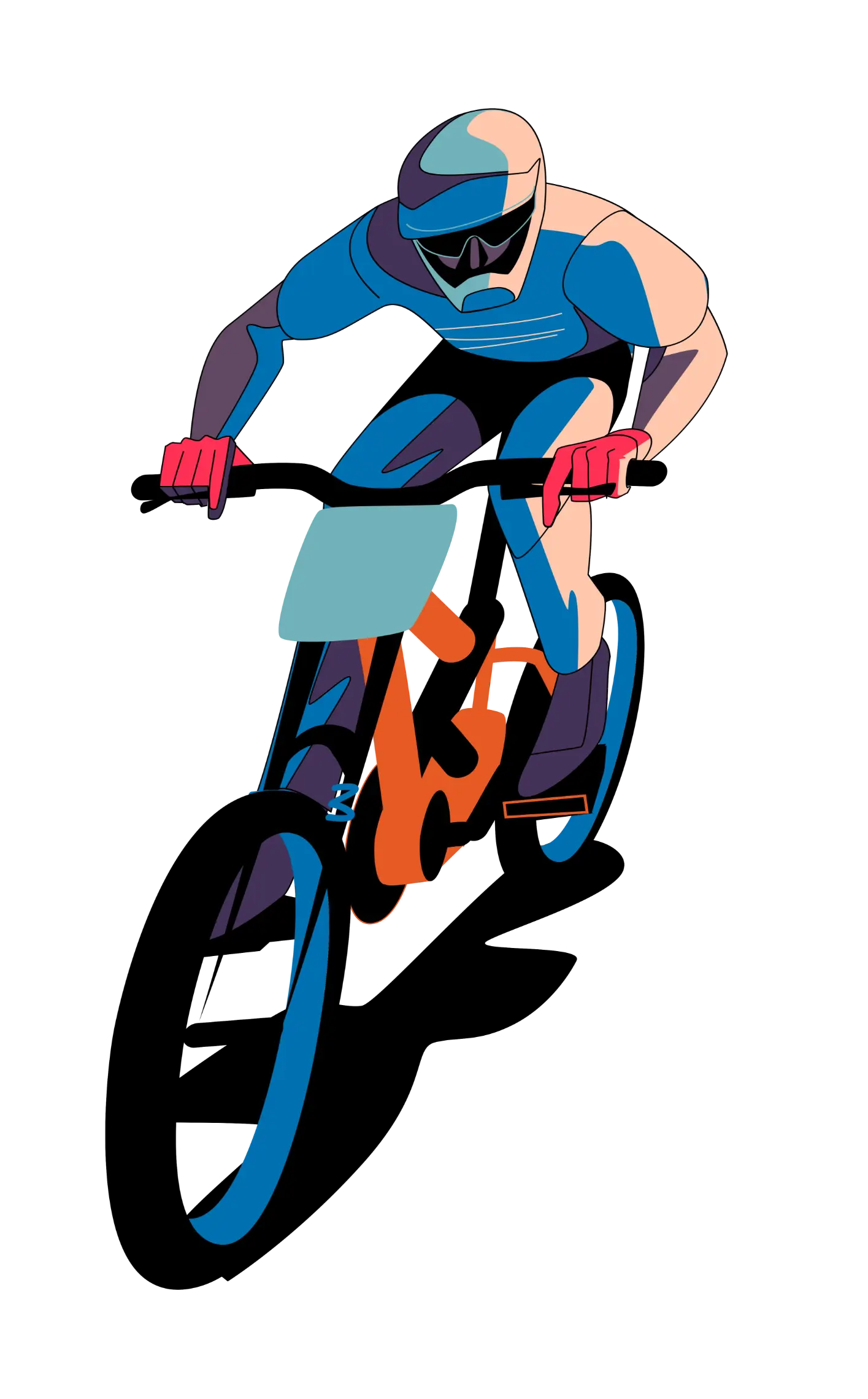 Stylized illustration of a cyclist wearing a helmet and gloves riding a mountain bike.