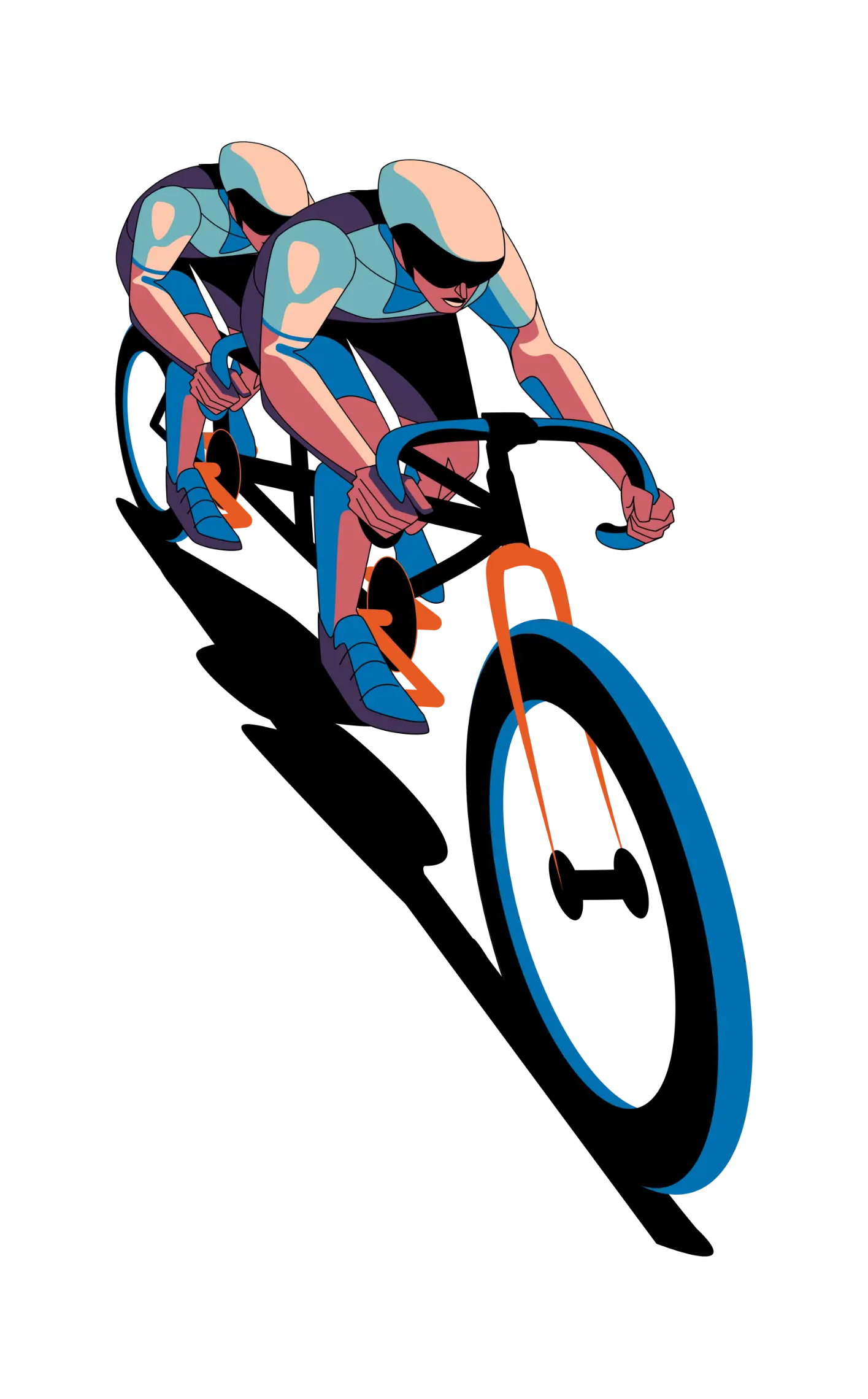 Stylized illustration of two cyclists in aerodynamic positions riding racing bicycles.