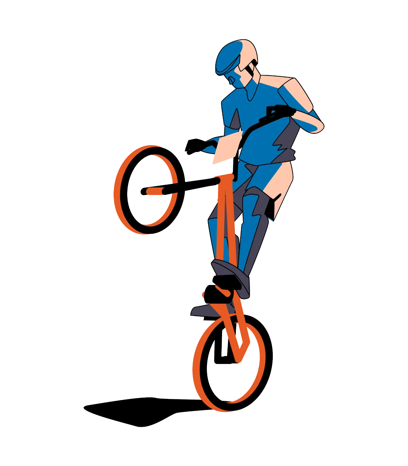 Illustration of a cyclist wearing a helmet and cycling gear performing a wheelie on a bicycle with orange wheels and frame.