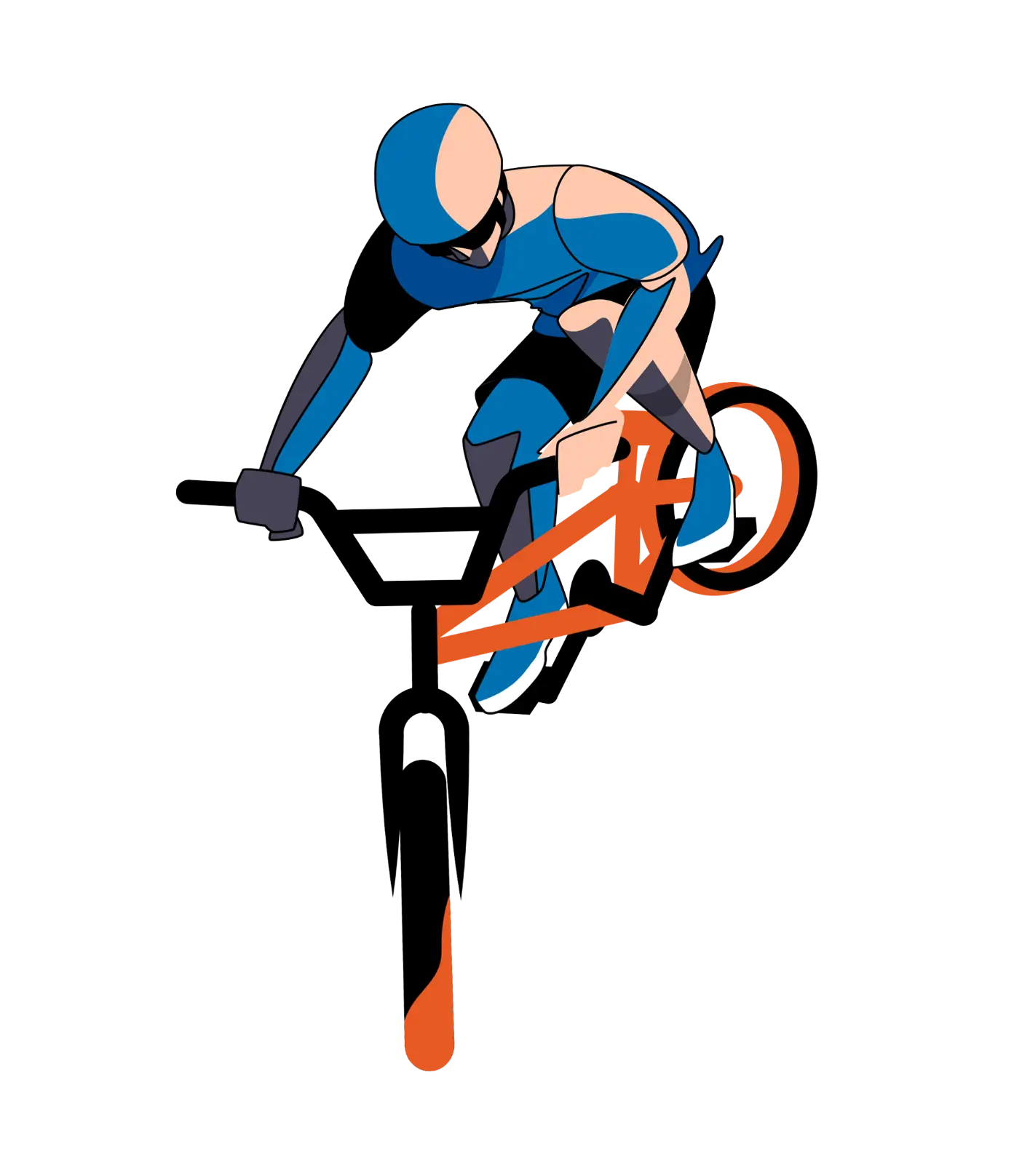 Illustration of a cyclist in blue gear and helmet riding a red bicycle in a racing position.