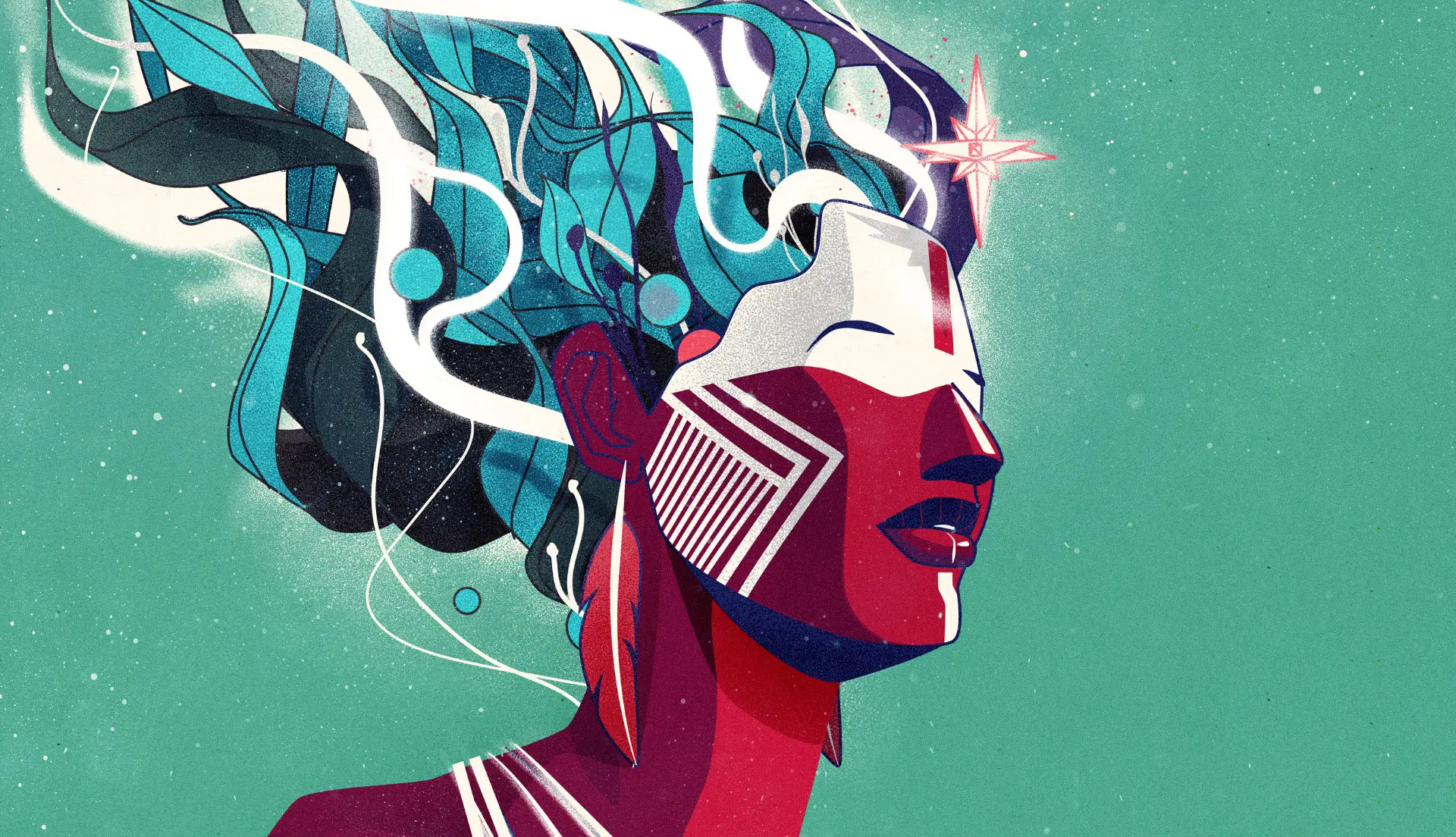 Stylized portrait of a woman with red skin, white geometric face paint, blue flowing hair, and a glowing star near her forehead against a teal background.