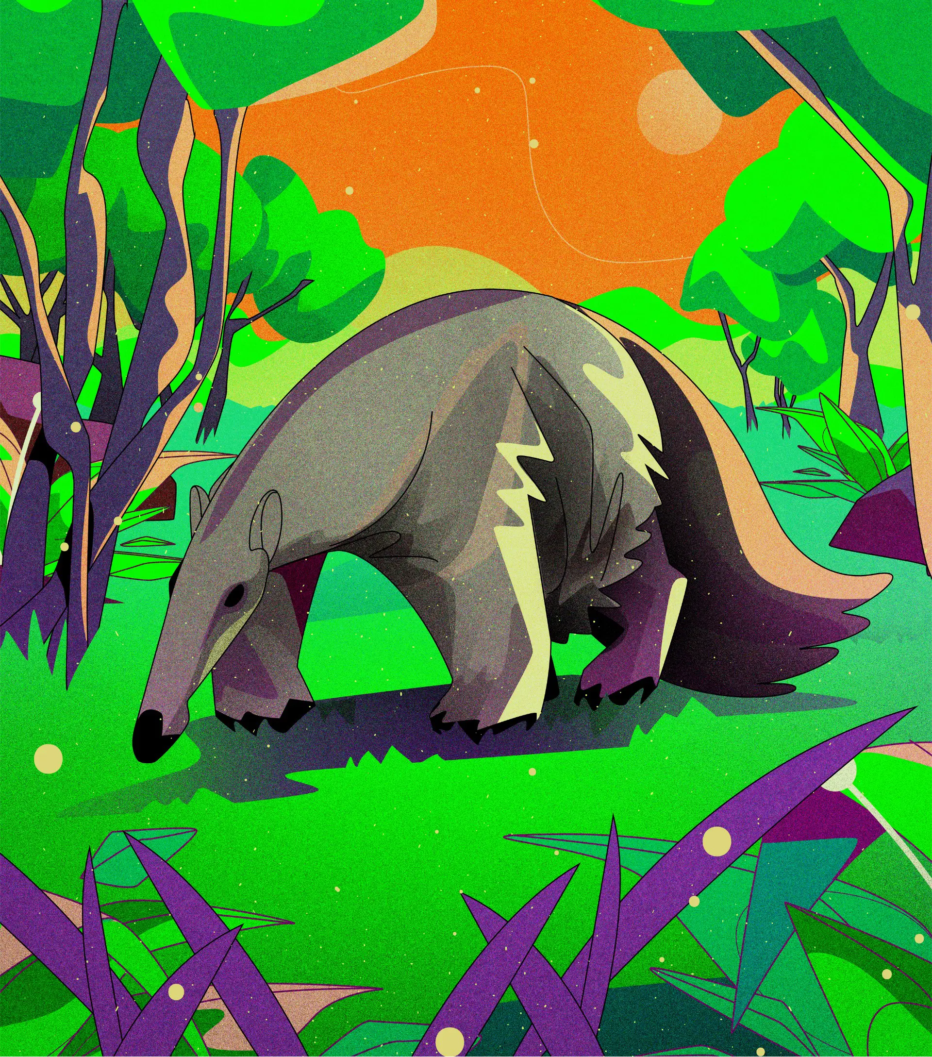 Illustration of a giant anteater walking in a vibrant green forest with an orange sky.