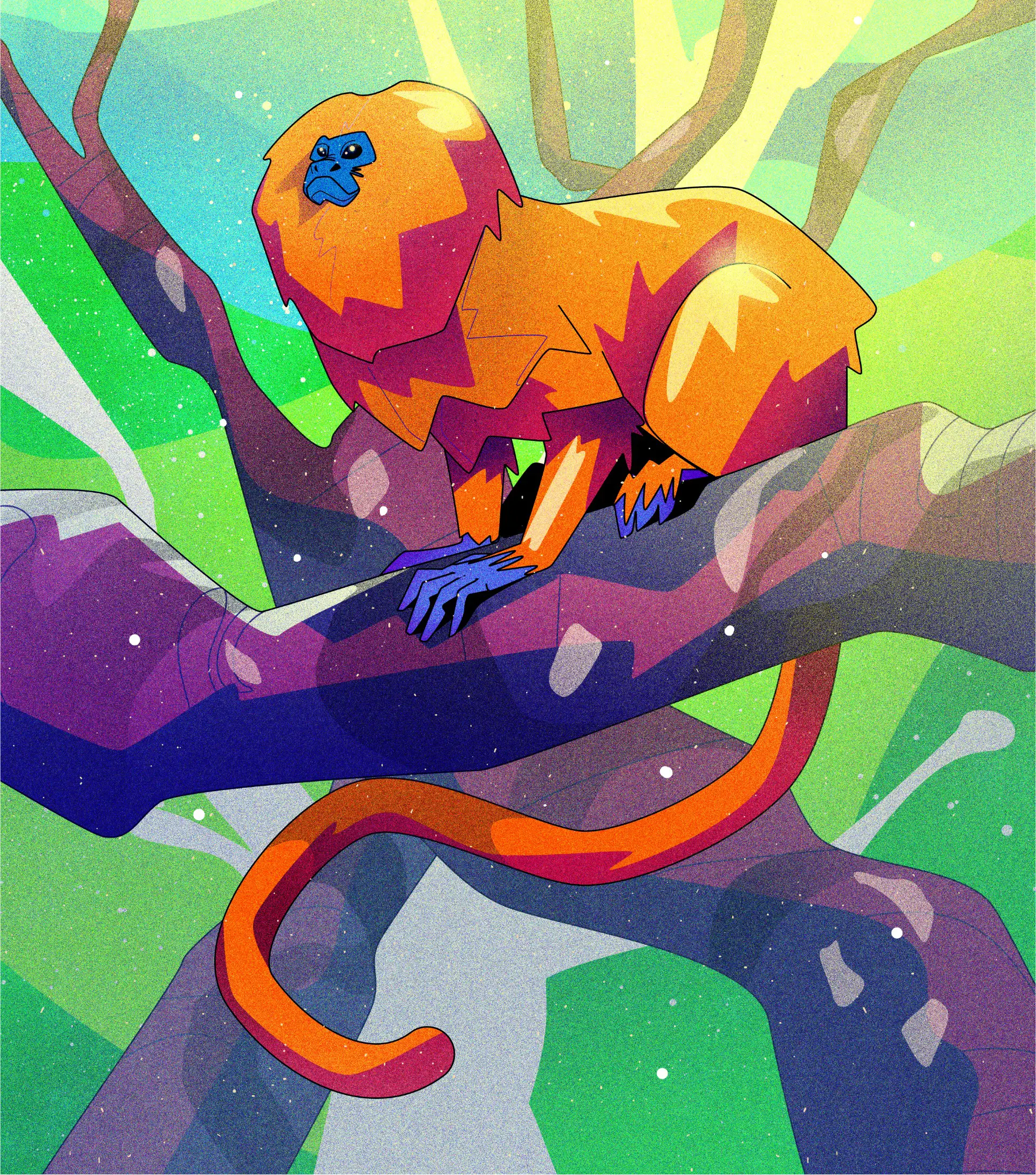 Stylized illustration of a golden lion tamarin with orange fur and blue face sitting on a tree branch against a green background.