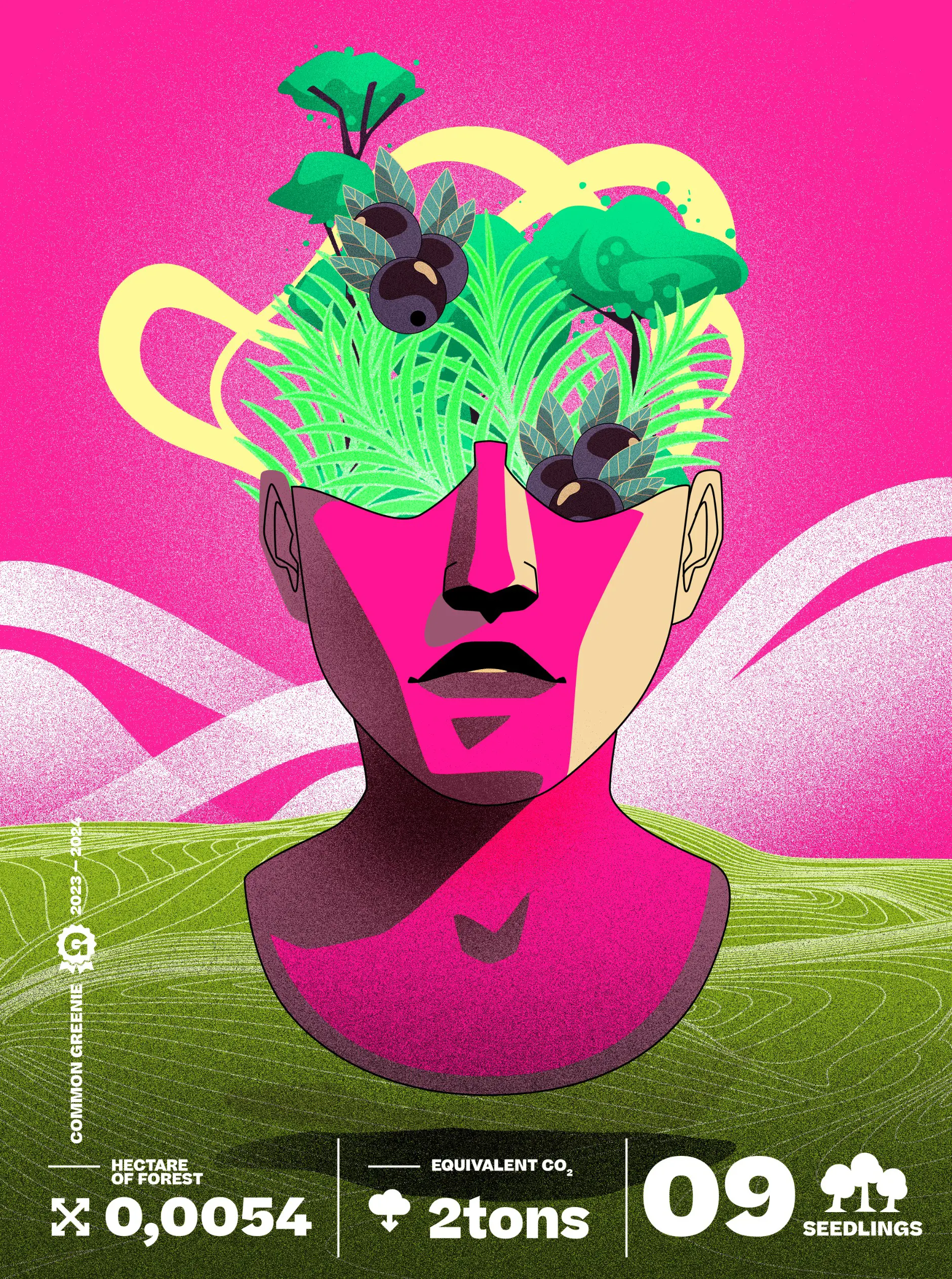 Colorful abstract face with plants, trees, and berries growing from the head against a pink and green landscape background, with text showing 0.0054 hectares of forest, 2 tons equivalent CO2, and 9 seedlings.
