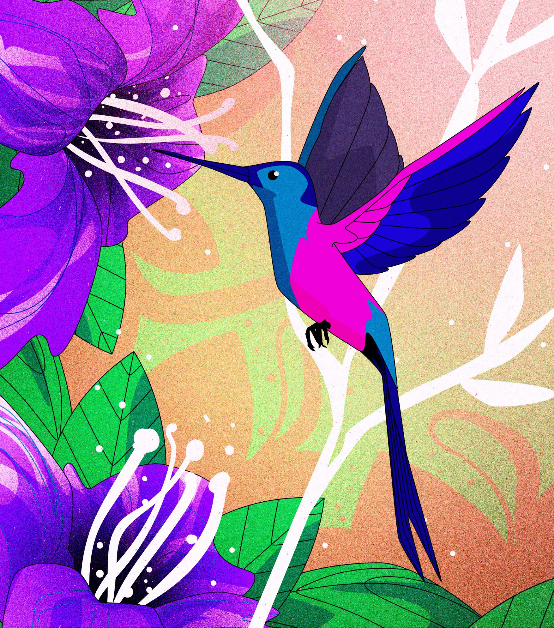 Colorful stylized hummingbird with blue and pink feathers feeding from large purple flowers with green leaves.