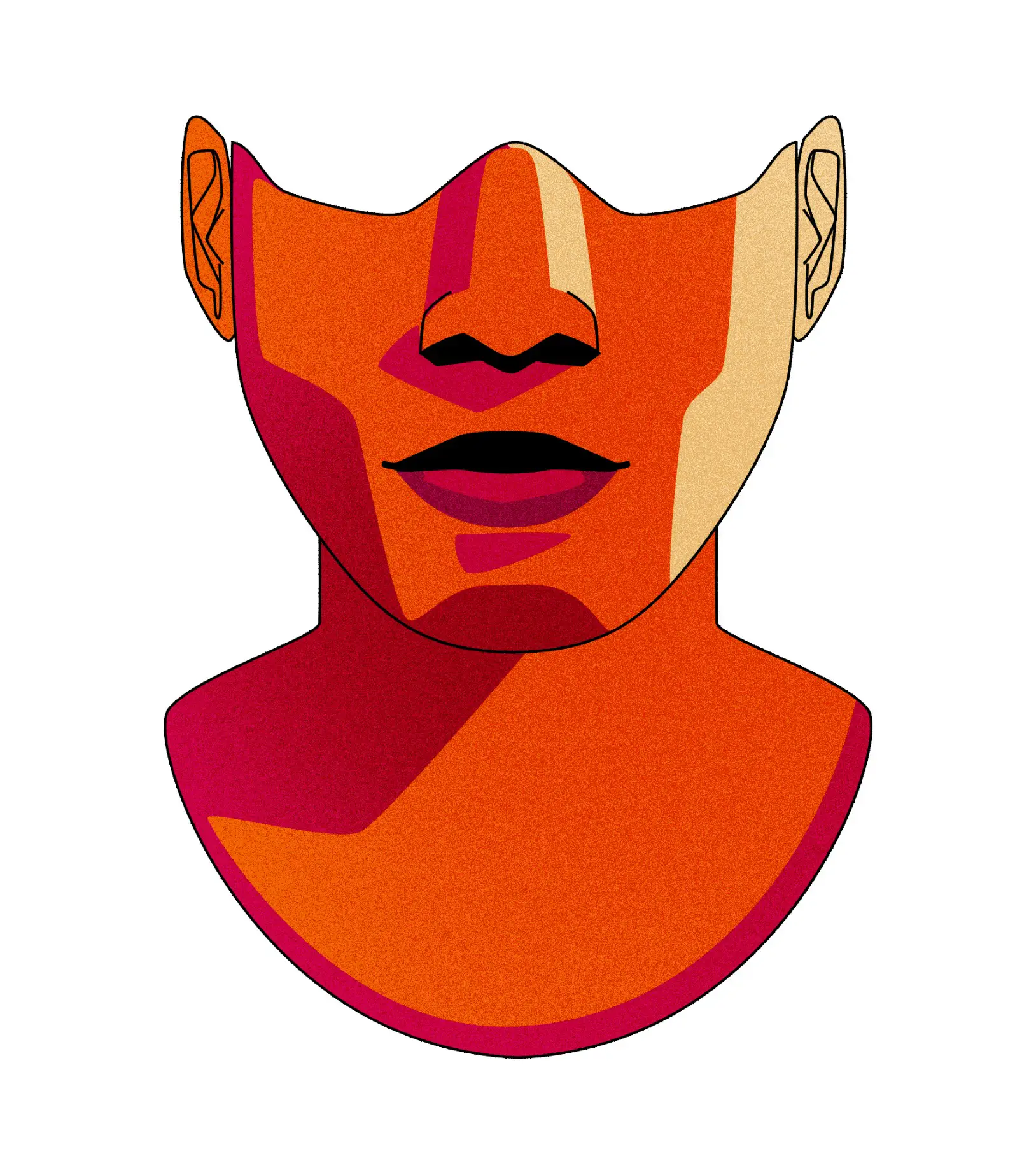Illustrated abstract human face and neck with bold geometric shapes in red, orange, and beige tones.