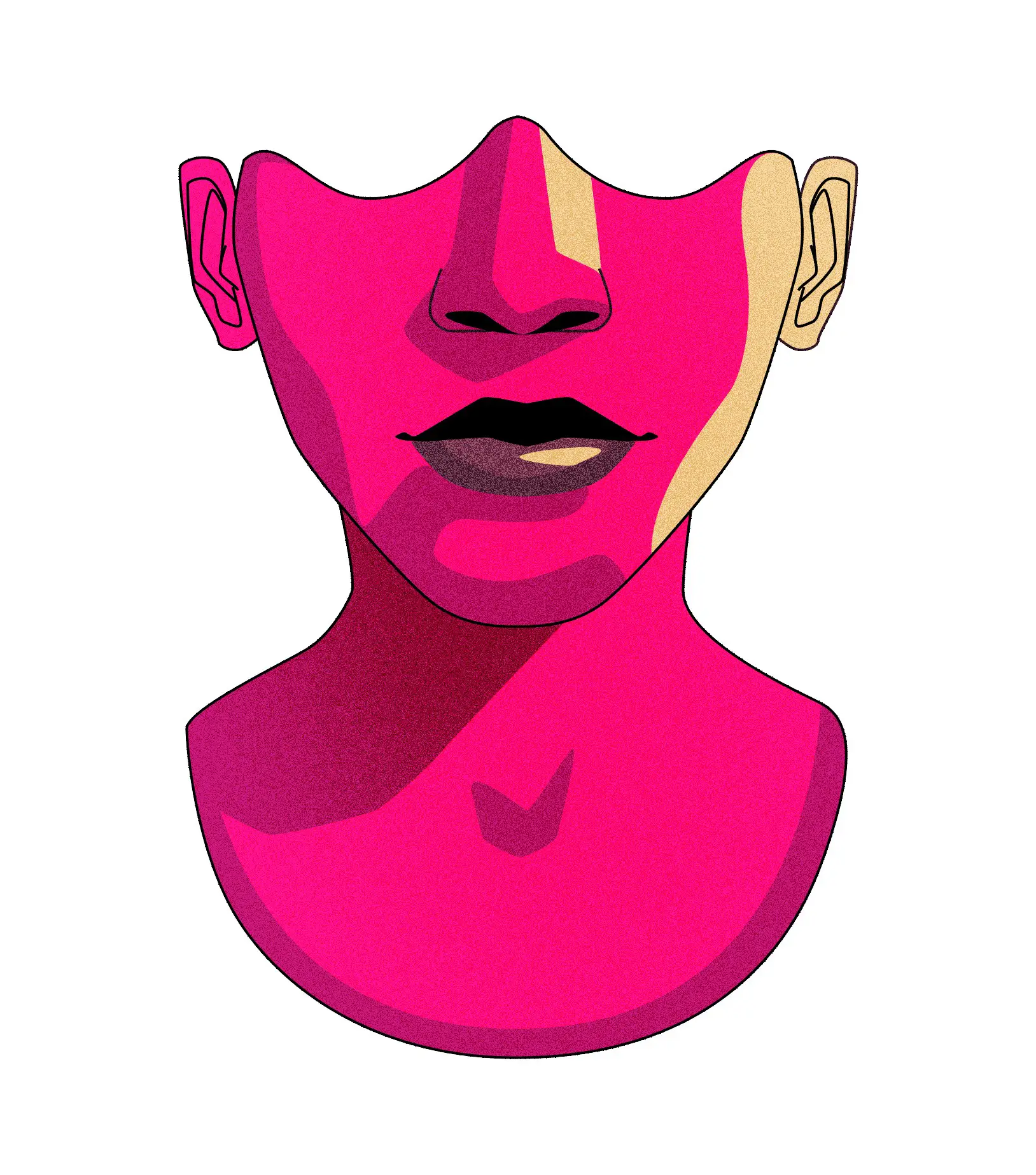 Abstract stylized illustration of a human lower face and neck in bright pink and beige tones, with black lips and outlined ears.