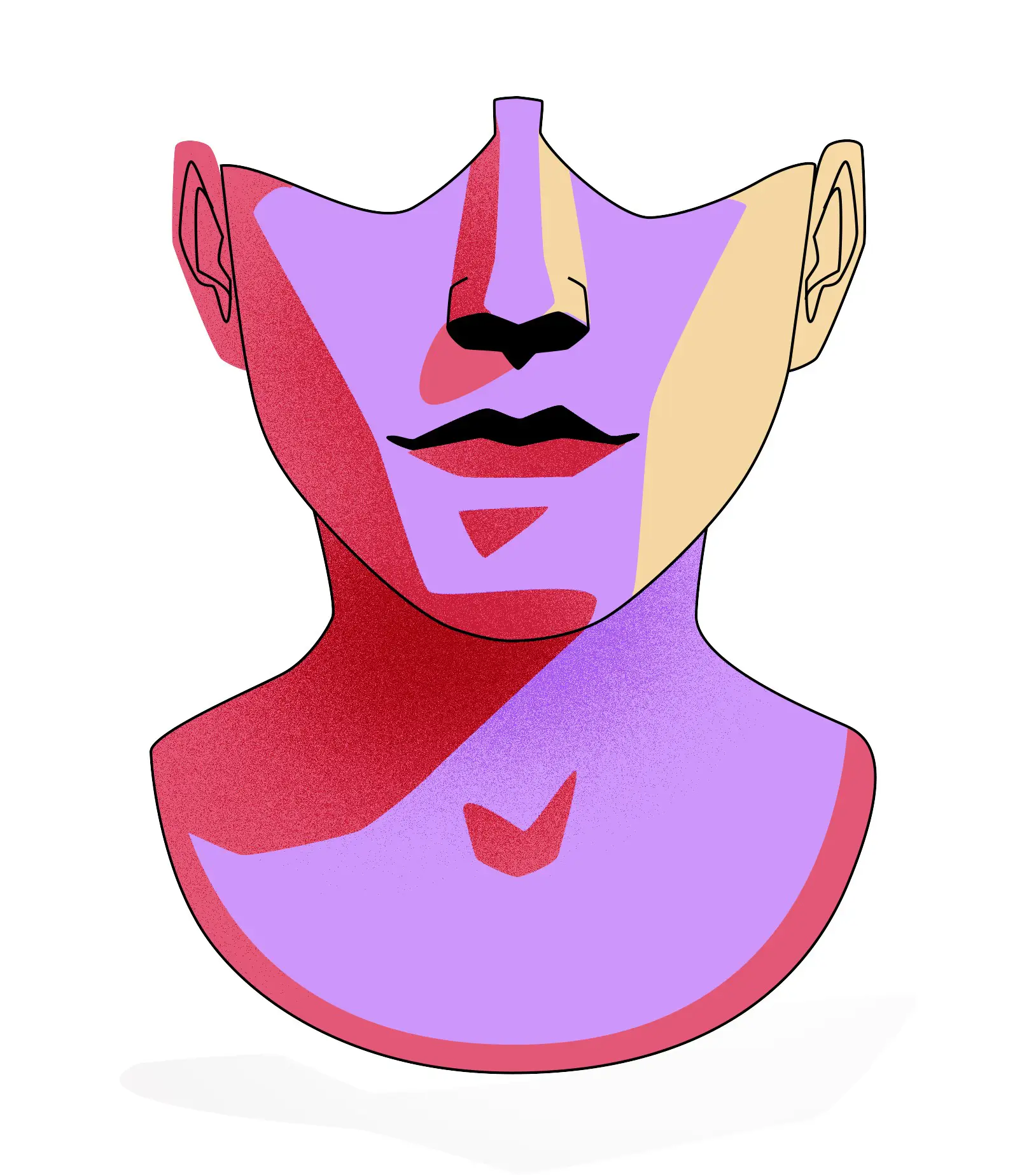 Abstract stylized illustration of a human lower face and neck in purple, red, and beige geometric shapes.