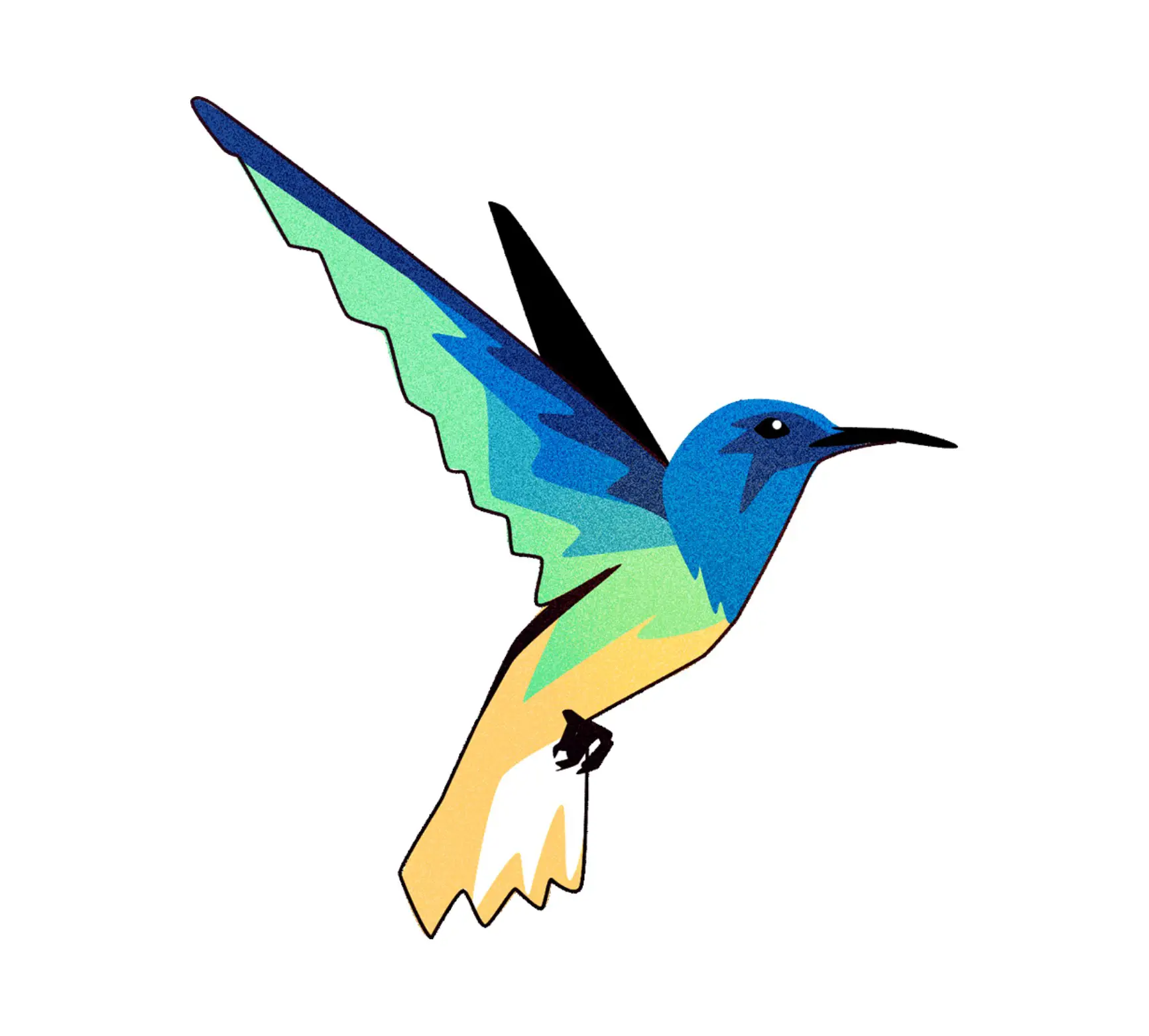 Colorful stylized hummingbird with blue head, green and blue wings, and yellow tail in flight.